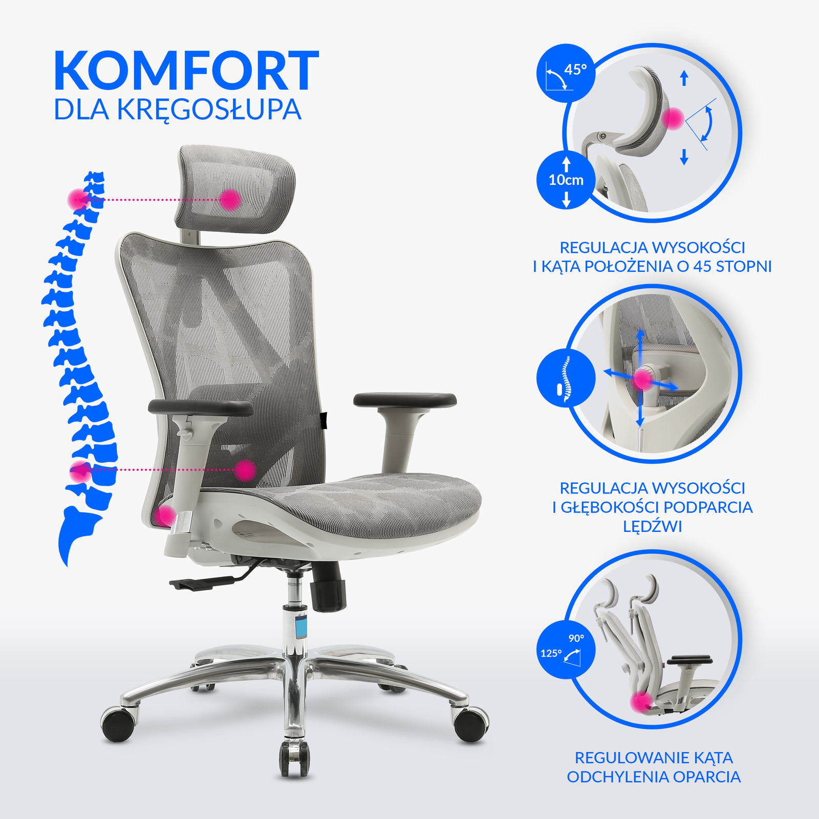 Fotel ergonomiczny ANGEL biurowy obrotowy kalistO szary 150kg - obrazek 7
