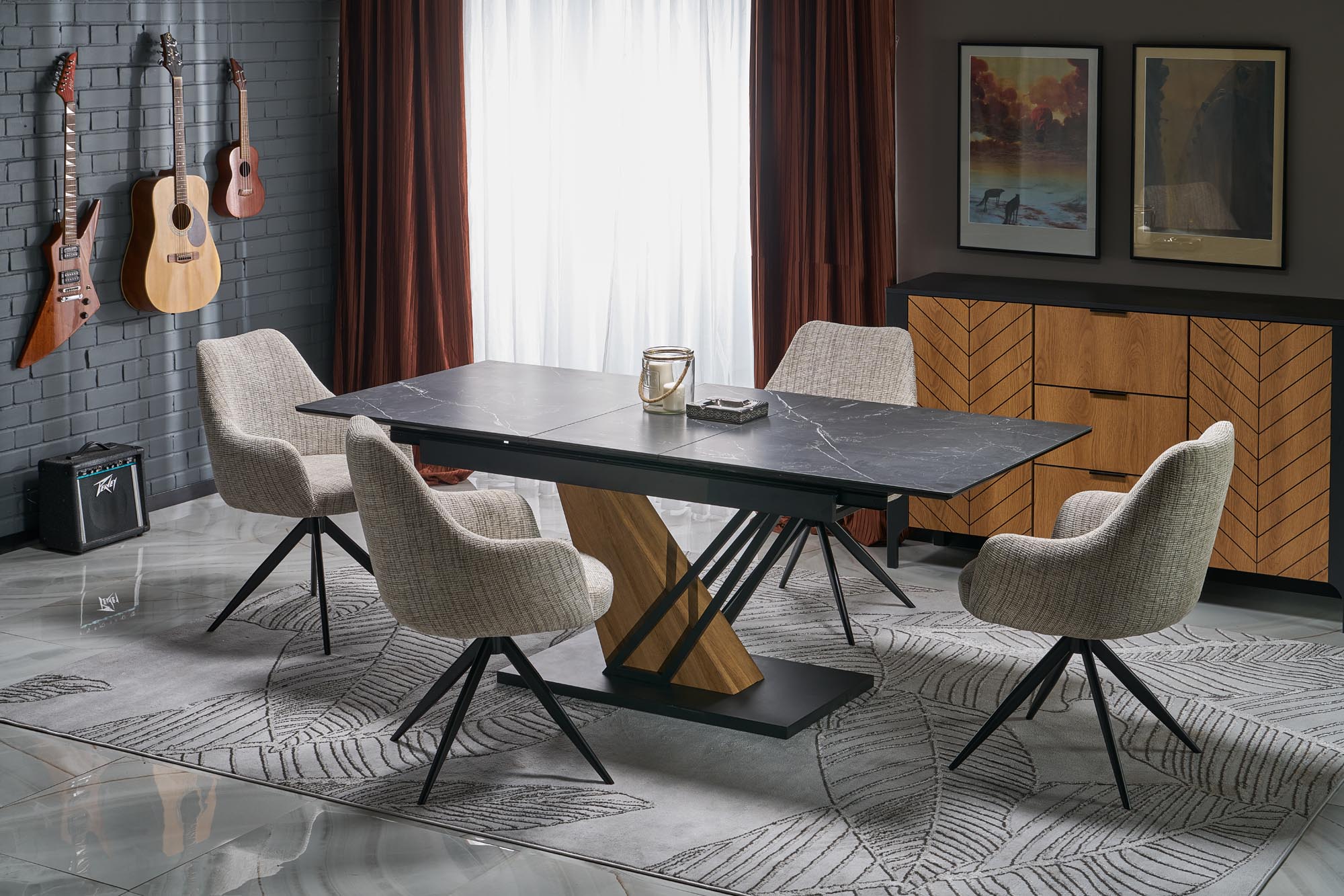 VOLANT 160 stół rozkładany, blat – czarny marmur, nogi – dąb złoty / czarny | Meble DUO 5905248137837 1