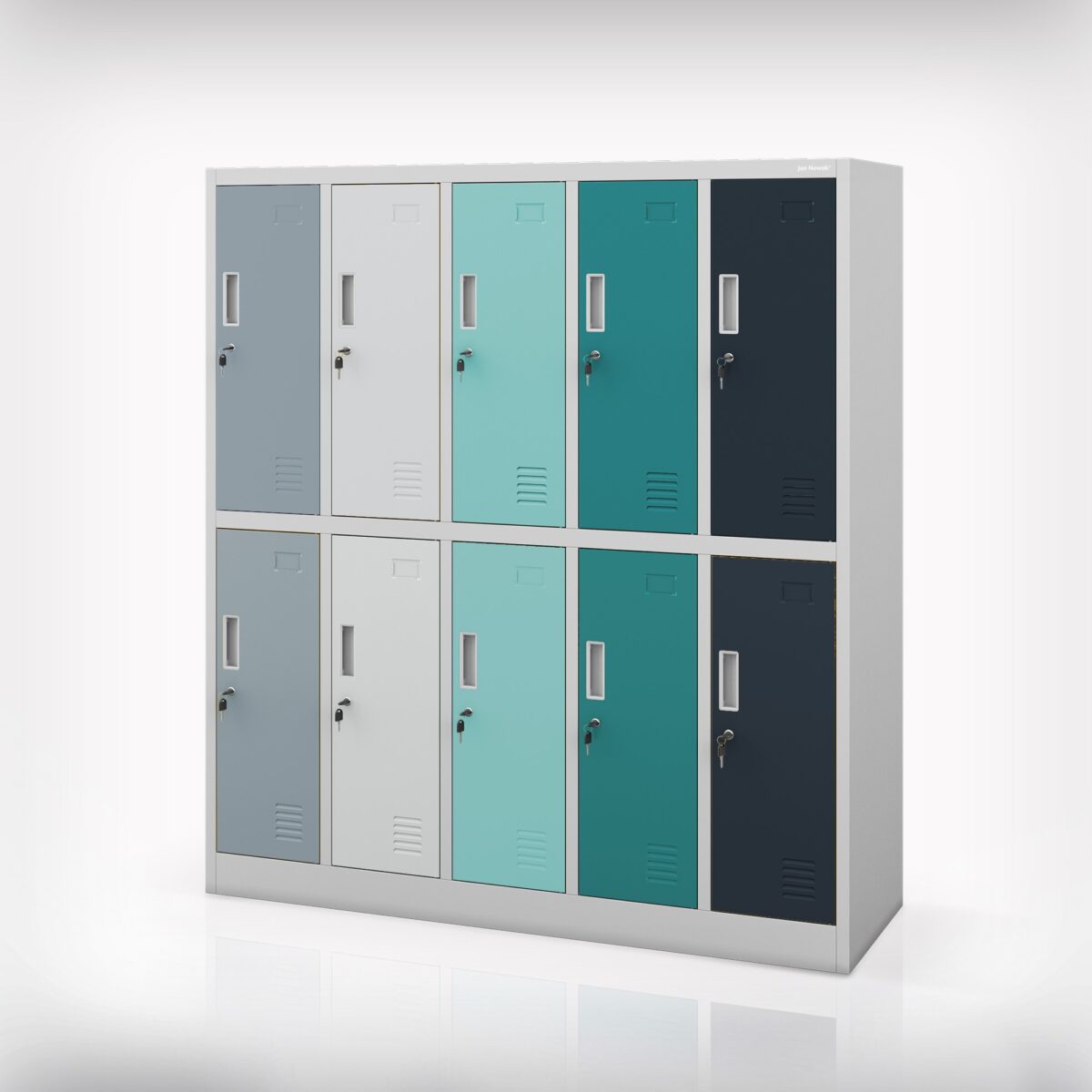 Szafka szkolna 10-skrytkowa szaro-niebiesko-granatowa, 1360x1500x450 mm: BARTUŚ | Meble DUO 2195 bartus szary niebieski granatowy nowa wersja odbicie 01 3