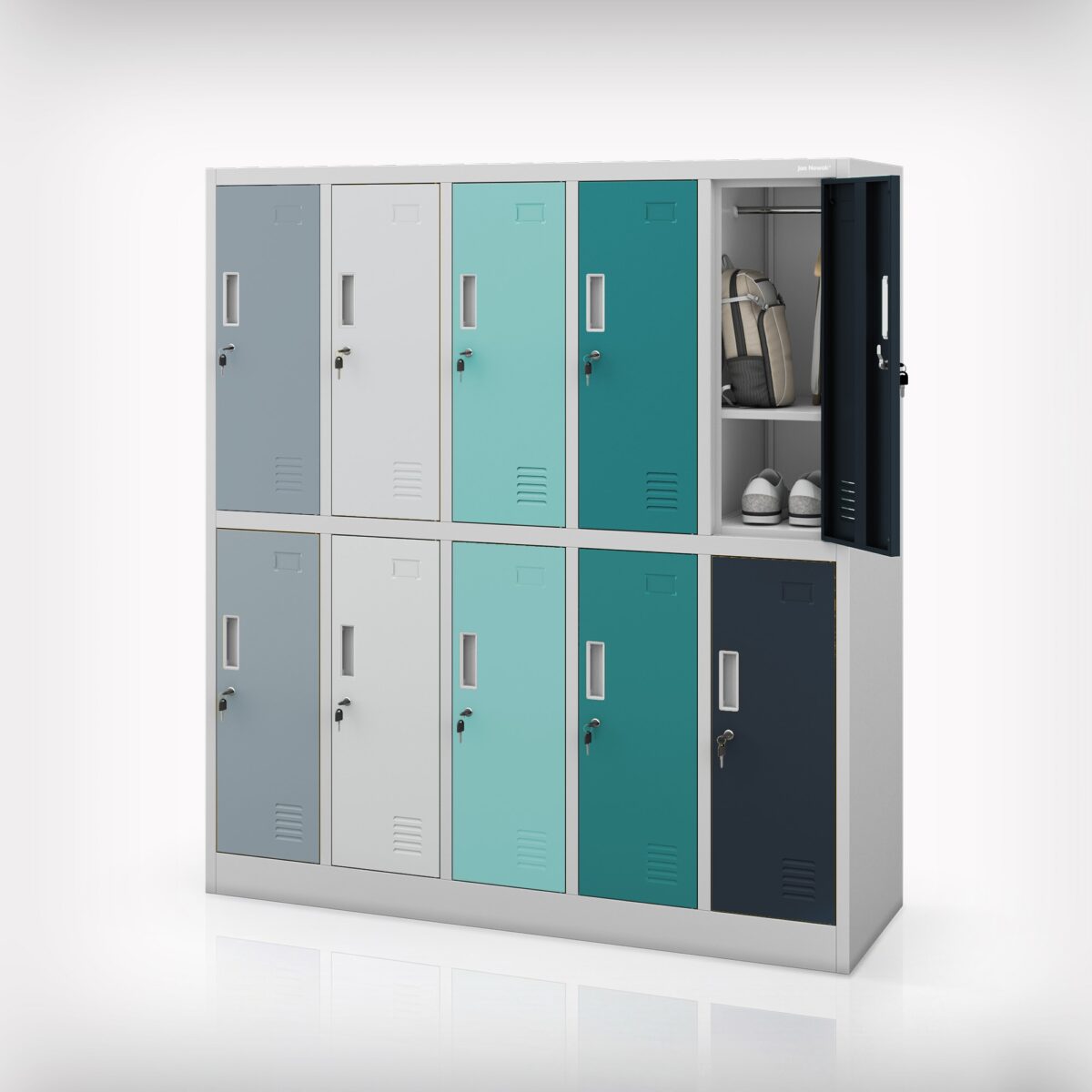 Szafka szkolna 10-skrytkowa szaro-niebiesko-granatowa, 1360x1500x450 mm: BARTUŚ | Meble DUO 2195 bartus szary niebieski granatowy nowa wersja odbicie 02 3