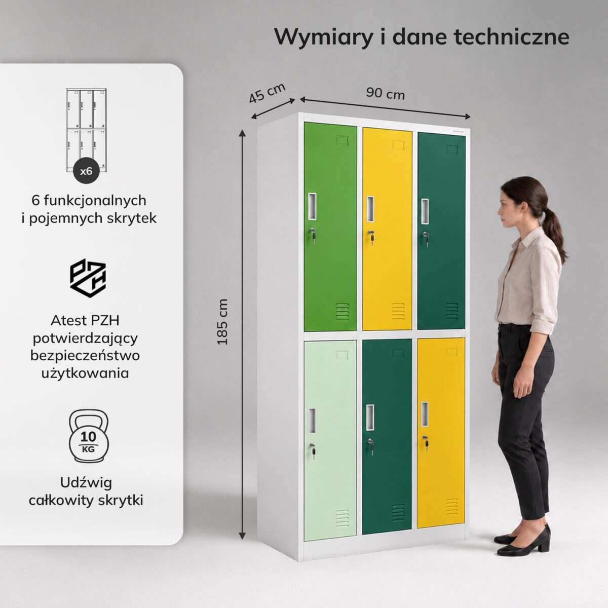 Szafa socjalna ubraniowa 6-drzwiowa szaro-zielono-żółta, 900x1850x450 mm: IGOR | Meble DUO 2207 igor szary zielony zolty feature pl 03 3