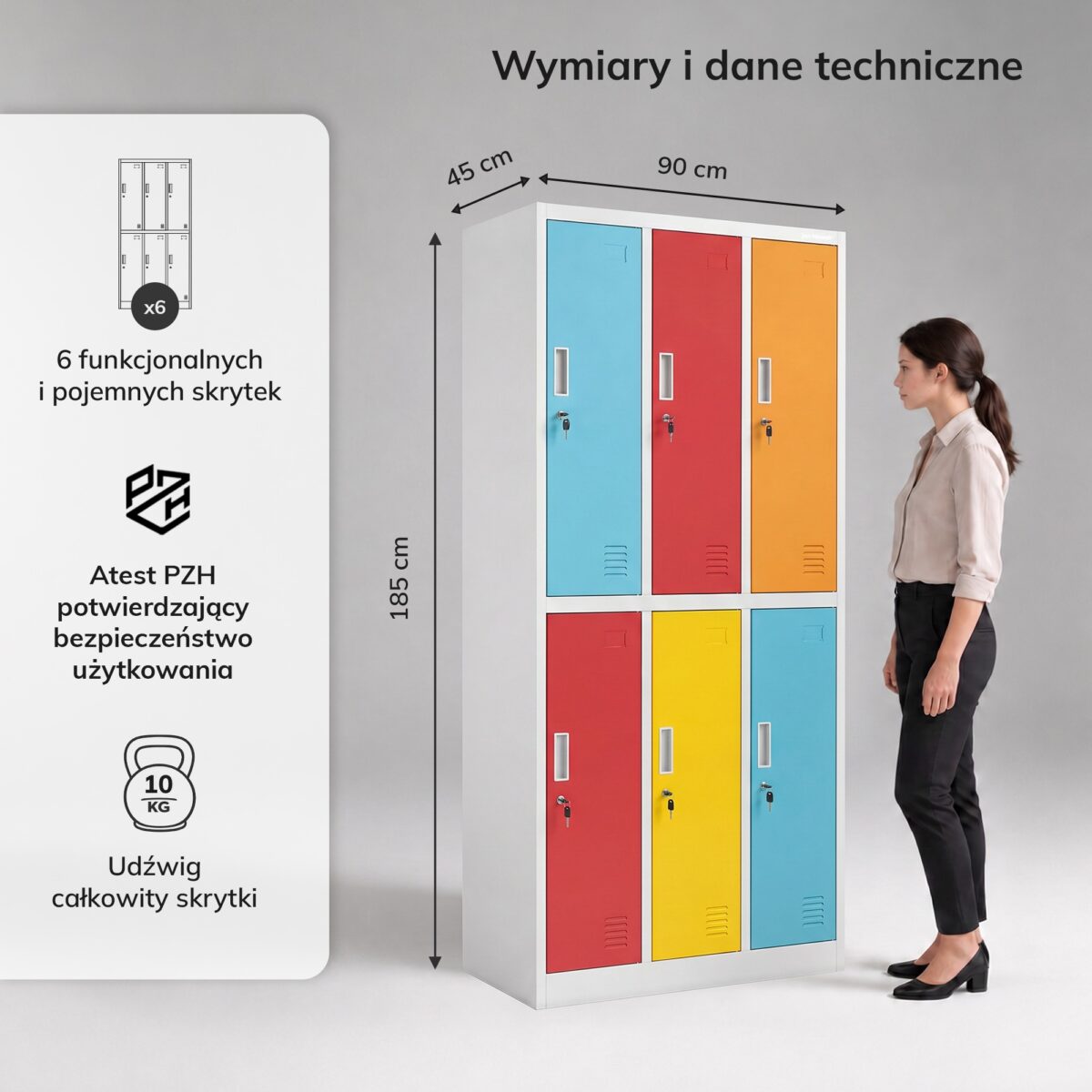 Szafa socjalna ubraniowa 6-drzwiowa szaro-wielokolorowa, 900x1850x450 mm: IGOR | Meble DUO 2208 igor szary wielokolorowy feature pl 03