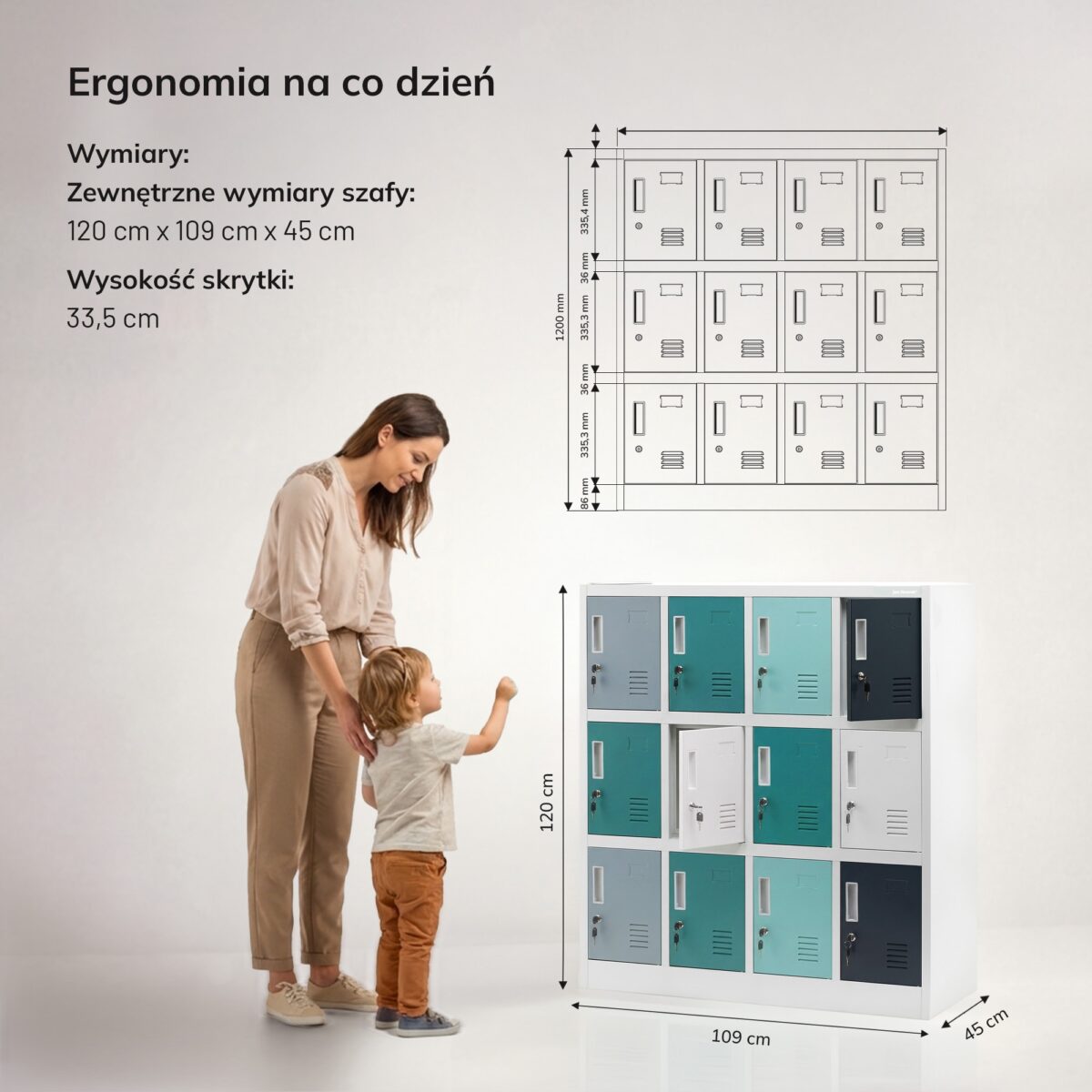 Szafka metalowa do szkoły i przedszkola szaro-niebiesko-granatowa, 1090x1200x450 mm: OLA | Meble DUO 2212 ola szary niebieski granatowy feature pl 03