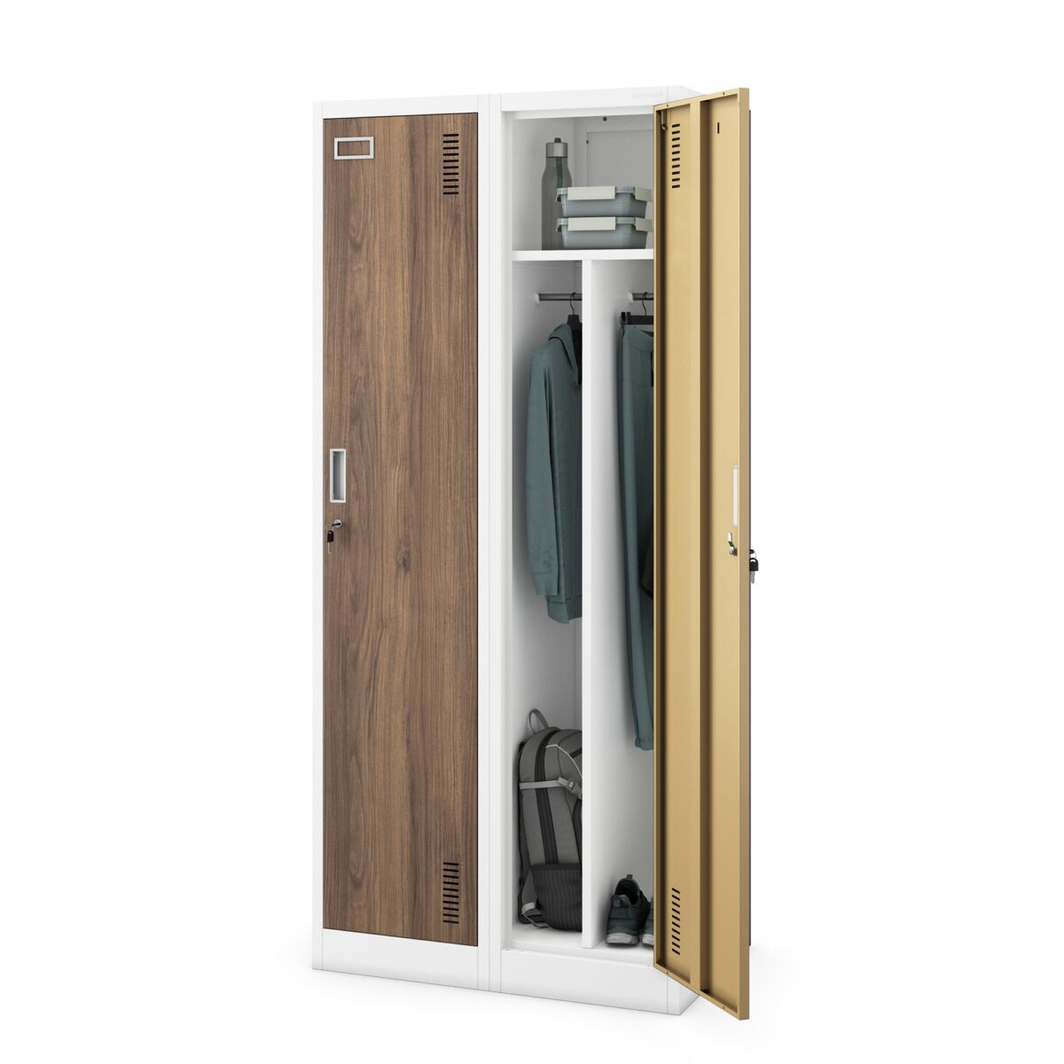 Szafka ubraniowa pracownicza czterokomorowa biała/orzech, 800x1800x500 mm: KACPER Eco Design | Meble DUO 2217 kacper bialy orzech 02
