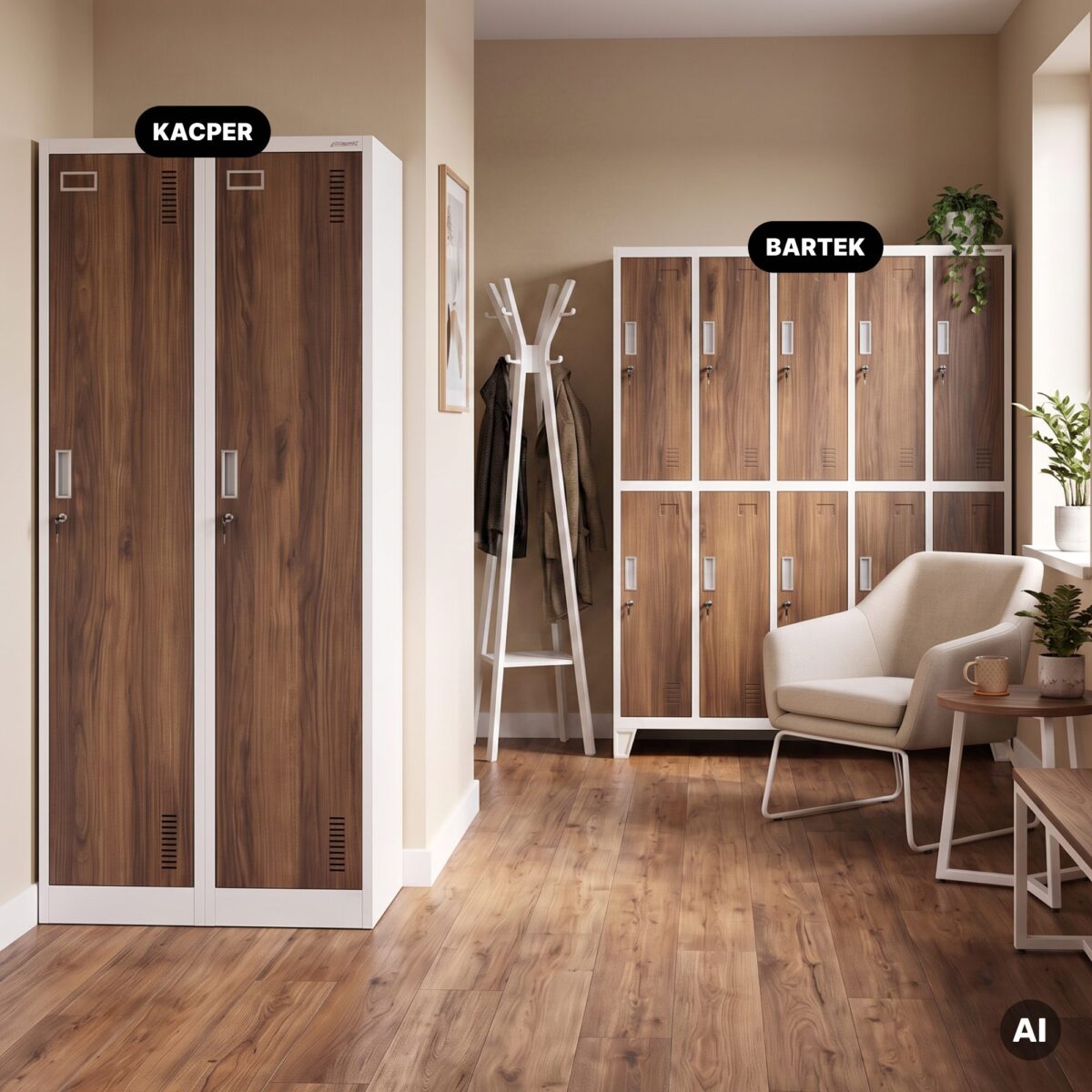 Szafka ubraniowa pracownicza czterokomorowa biała/orzech, 800x1800x500 mm: KACPER Eco Design | Meble DUO 2217 kacper bialy orzech feature pl 03