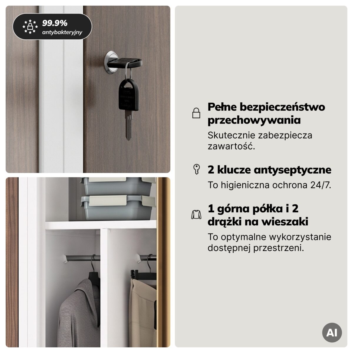 Szafka ubraniowa pracownicza czterokomorowa biała/orzech, 800x1800x500 mm: KACPER Eco Design | Meble DUO 2217 kacper bialy orzech feature pl 04