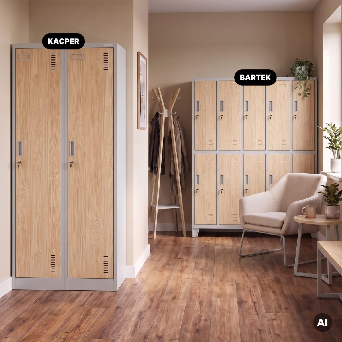 Szafka ubraniowa pracownicza czterokomorowa szara/dąb sonoma, 800x1800x500 mm: KACPER Eco Design | Meble DUO 2218 kacper szary dab sonoma feature pl 03