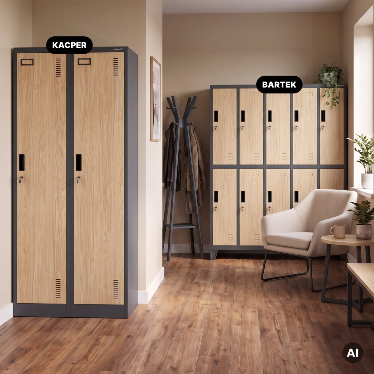 Szafka ubraniowa pracownicza czterokomorowa antracytowa/dąb sonoma, 800x1800x500 mm: KACPER Eco Design | Meble DUO 2219 kacper antracytowy dab sonoma feature pl 03