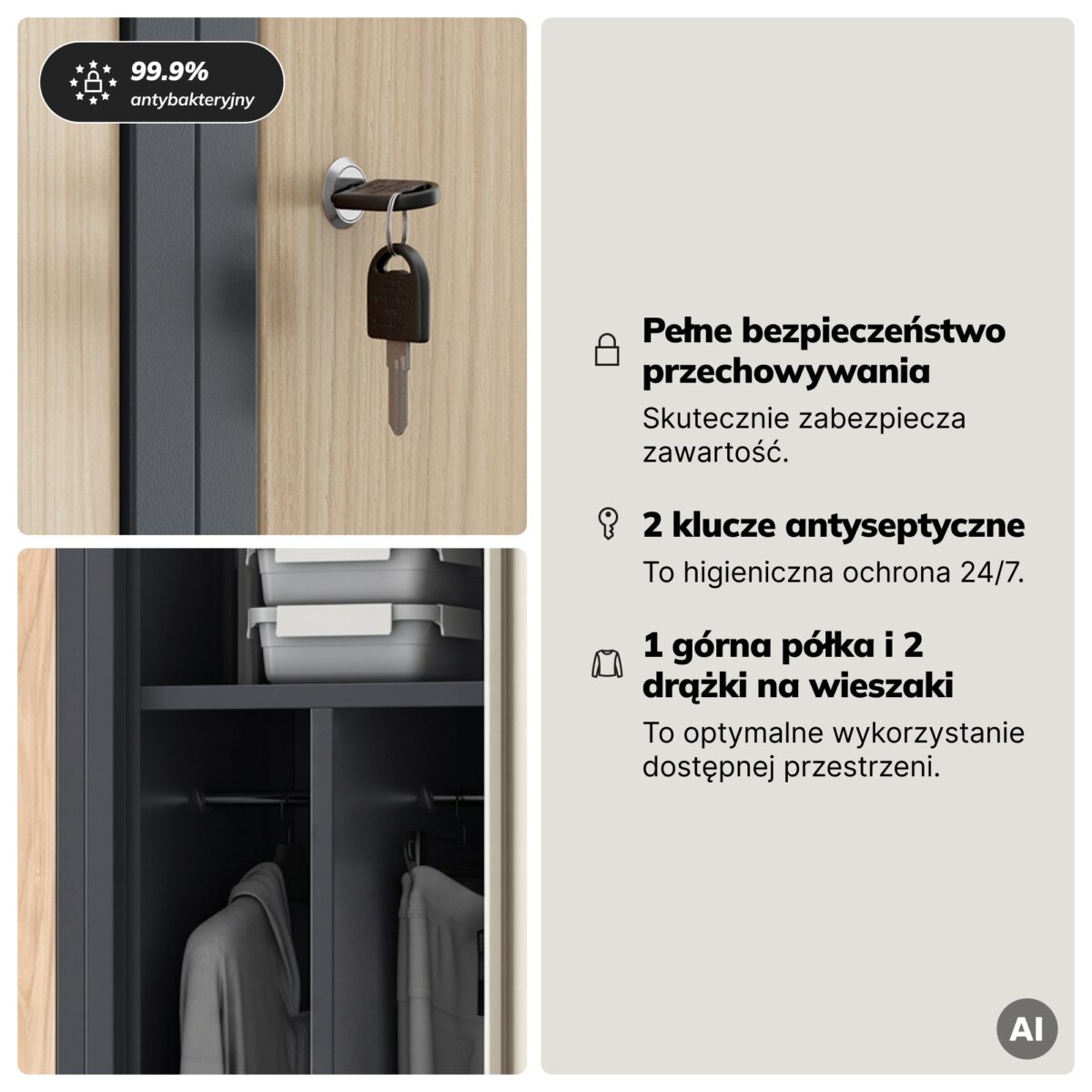 Szafka ubraniowa pracownicza czterokomorowa antracytowa/dąb sonoma, 800x1800x500 mm: KACPER Eco Design | Meble DUO 2219 kacper antracytowy dab sonoma feature pl 04
