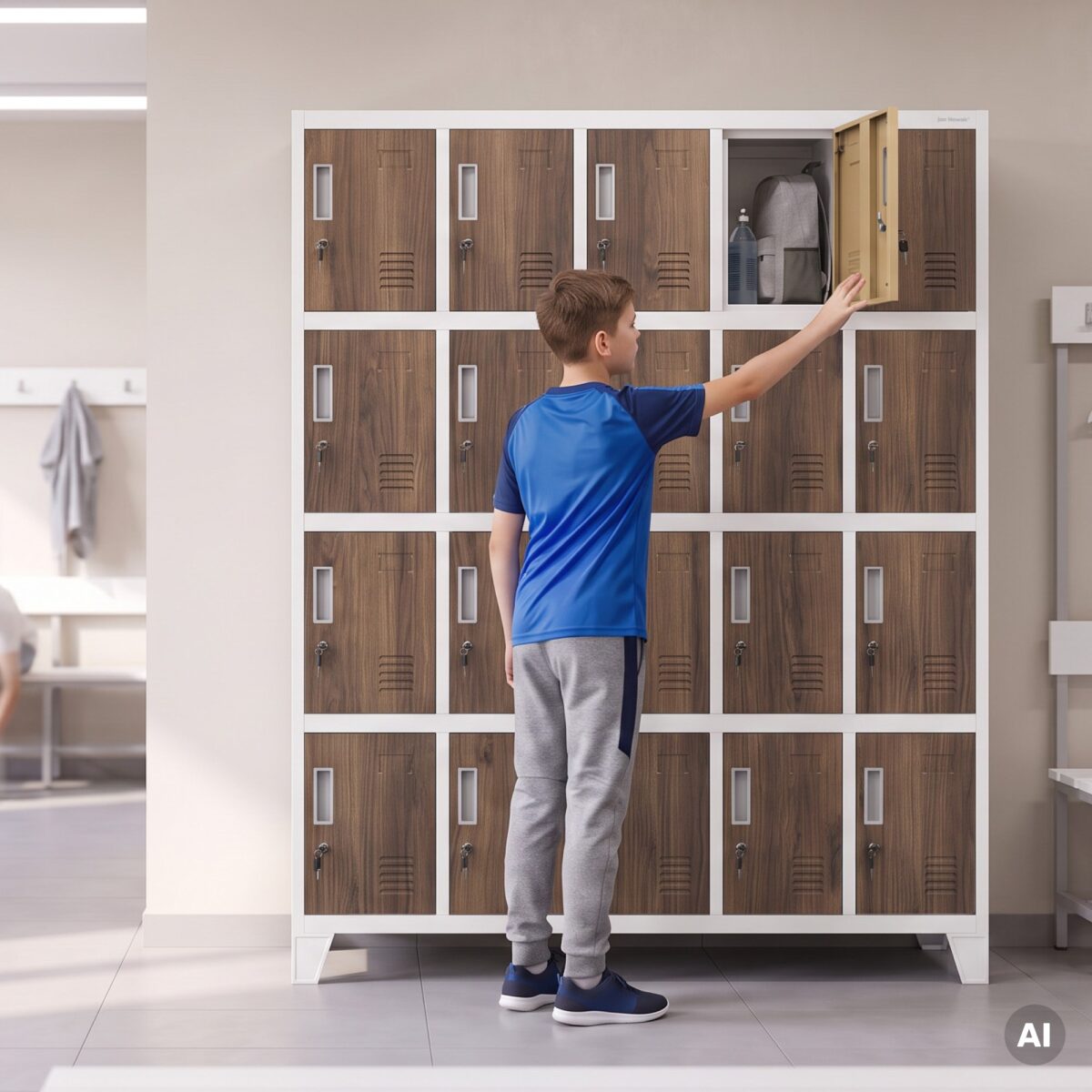 Szafa skrytkowa socjalna 20-skrytkowa na nóżkach biała/orzech, 1360x1720x450 mm: ROBERT Eco Design | Meble DUO 2250 robert bialy orzech feature pl 02
