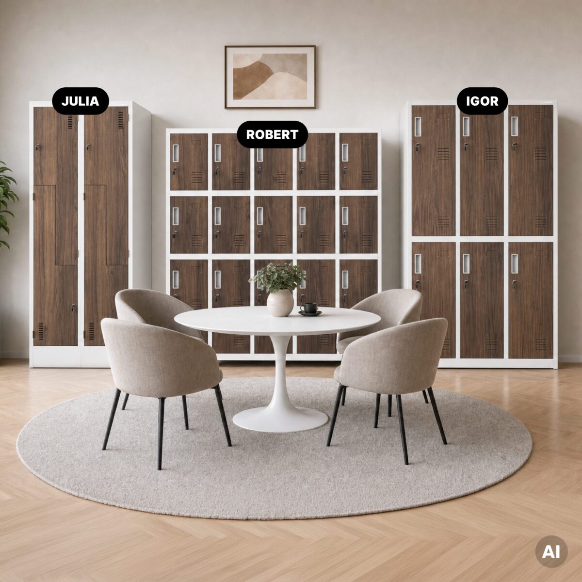 Szafa skrytkowa socjalna 20-skrytkowa na nóżkach biała/orzech, 1360x1720x450 mm: ROBERT Eco Design | Meble DUO 2250 robert bialy orzech feature pl 03