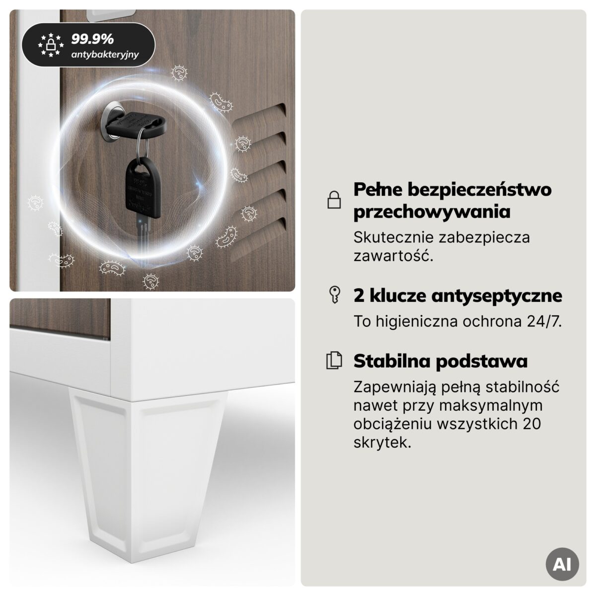 Szafa skrytkowa socjalna 20-skrytkowa na nóżkach biała/orzech, 1360x1720x450 mm: ROBERT Eco Design | Meble DUO 2250 robert bialy orzech feature pl 04