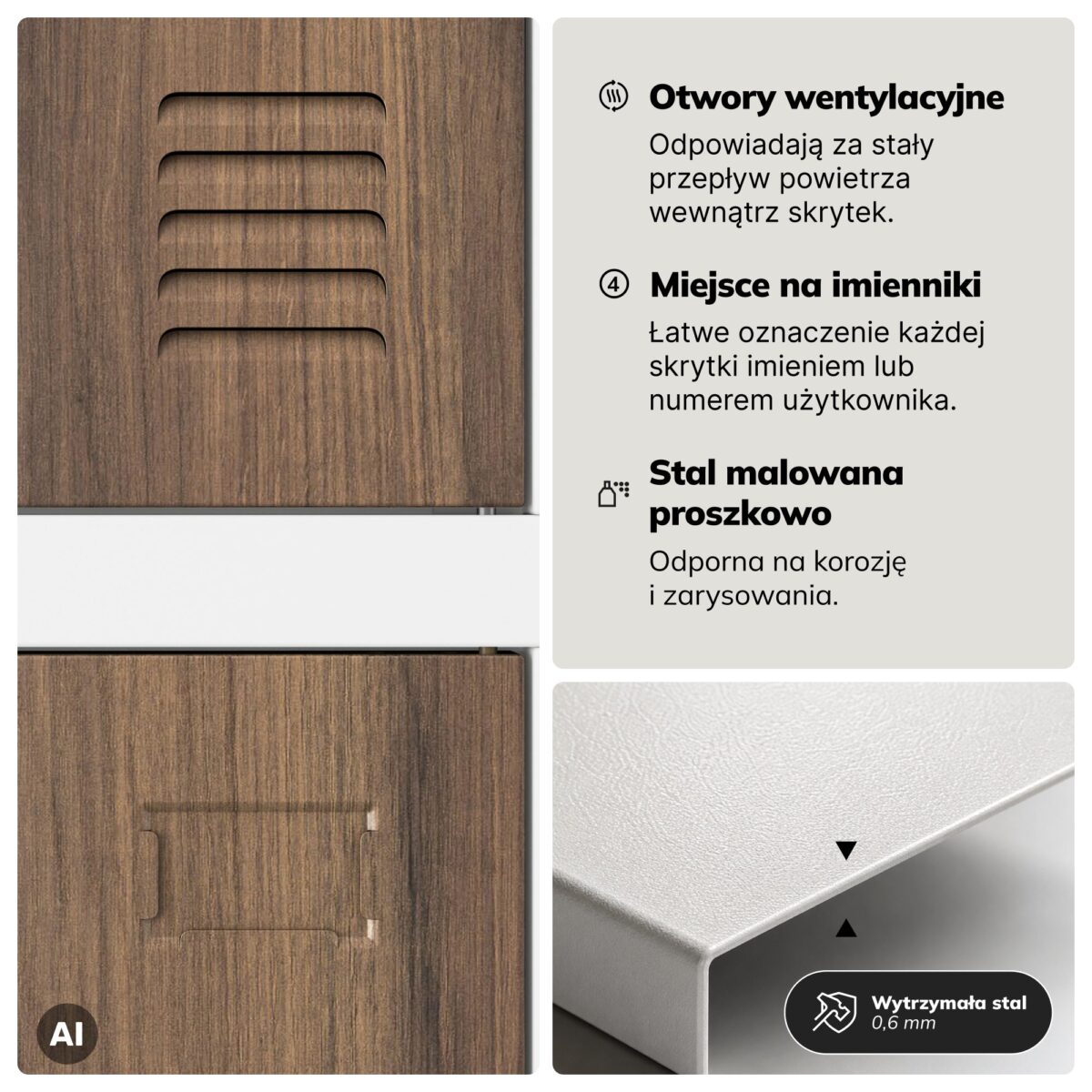 Szafa skrytkowa socjalna 20-skrytkowa na nóżkach biała/orzech, 1360x1720x450 mm: ROBERT Eco Design | Meble DUO 2250 robert bialy orzech feature pl 05