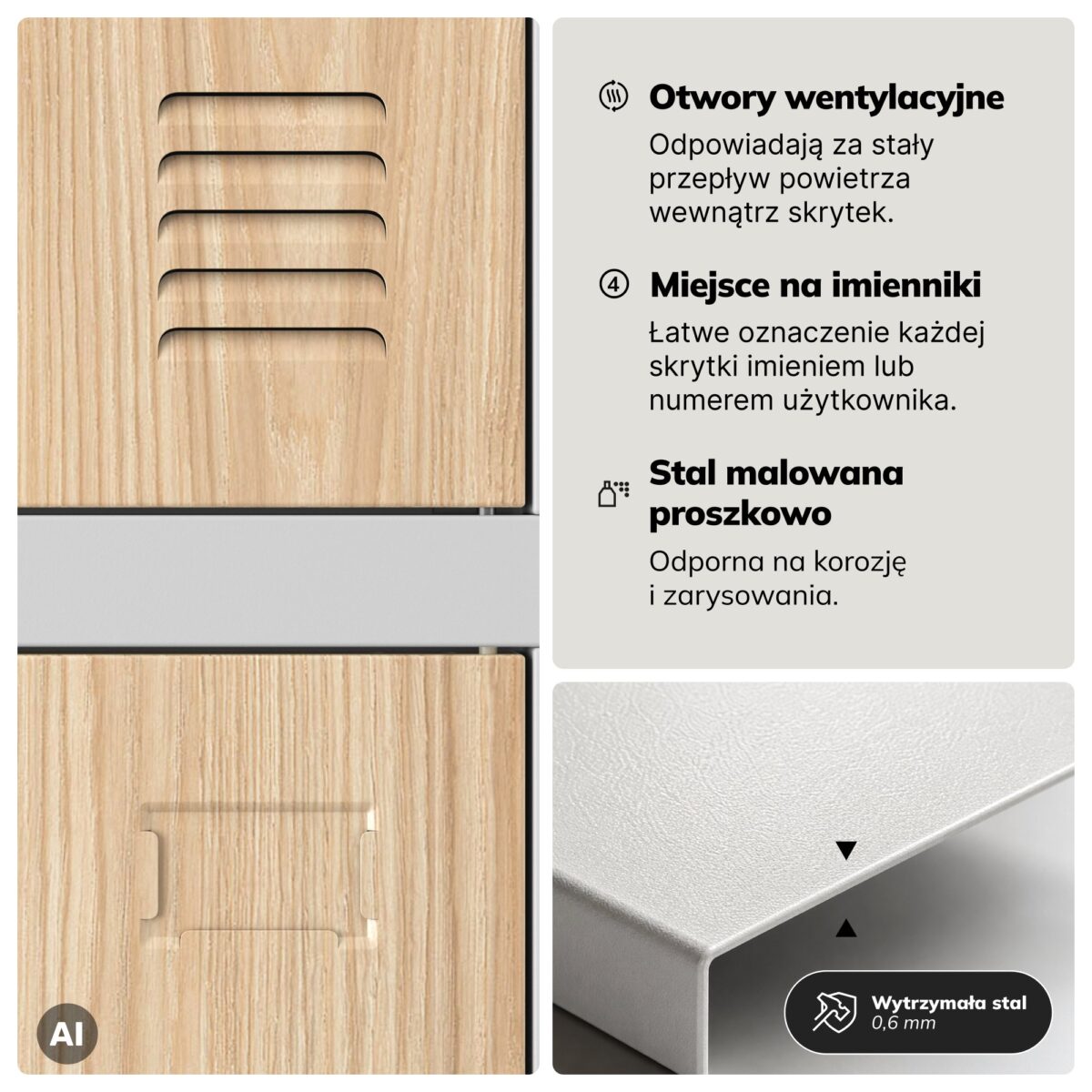 Szafa skrytkowa socjalna 20-skrytkowa na nóżkach szara/dąb sonoma, 1360x1720x450 mm: ROBERT Eco Design | Meble DUO 2251 robert szary dab sonoma feature pl 05