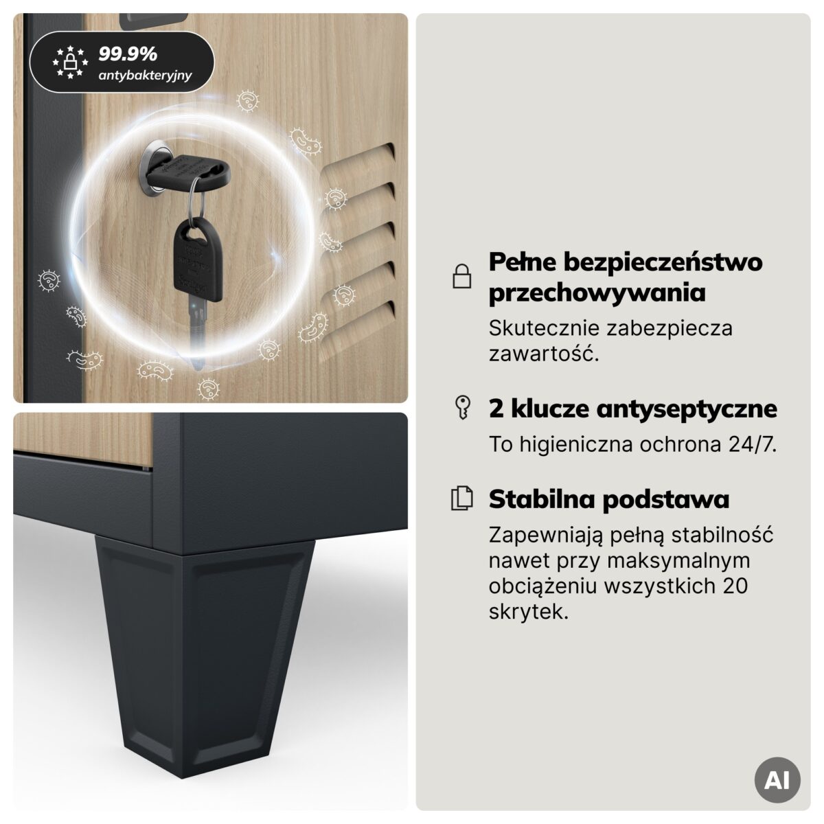Szafa skrytkowa socjalna 20-skrytkowa na nóżkach antracytowa/dąb sonoma, 1360x1720x450 mm: ROBERT Eco Design | Meble DUO 2252 robert antracytowy dab sonoma feature pl 04