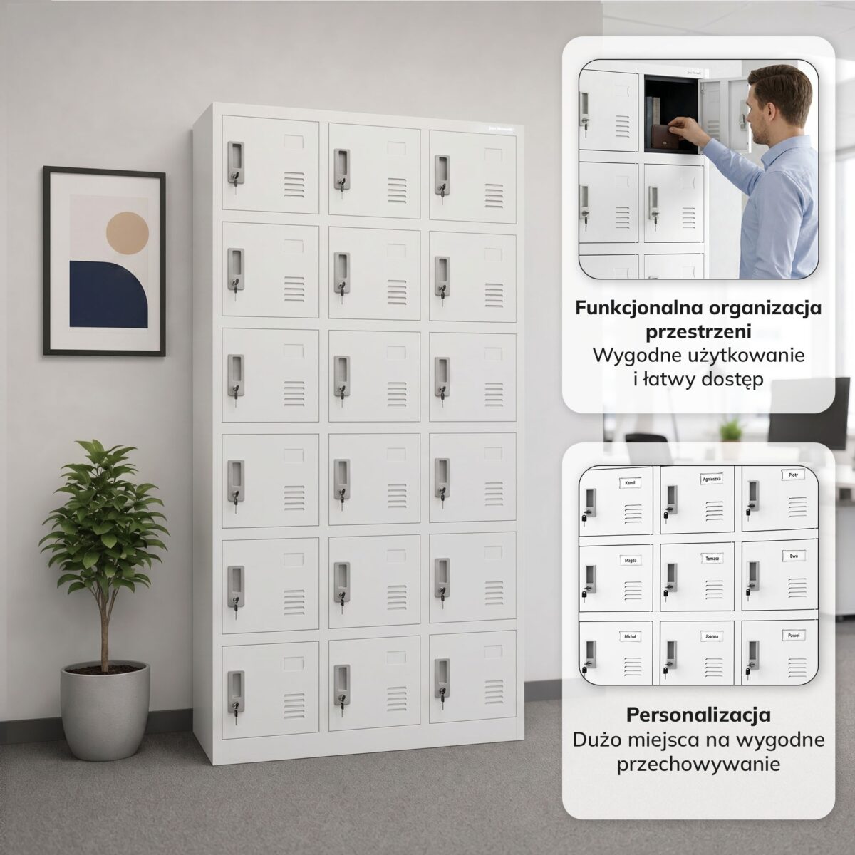 Szafka pracownicza skrytkowa 18-skrytkowa biała, 900x1850x400 mm: KAROL | Meble DUO 2255 karol bialy feature pl 02