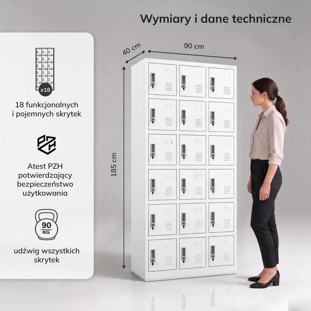 Szafka pracownicza skrytkowa 18-skrytkowa biała, 900x1850x400 mm: KAROL | Meble DUO 2255 karol bialy feature pl 03