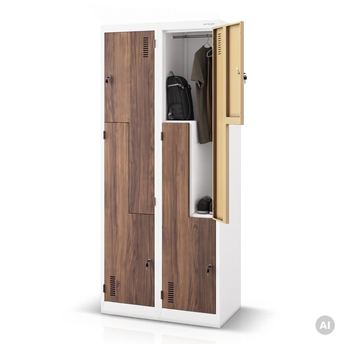Szafa socjalna ubraniowa typu L, czterokomorowa, biała/orzech, 800x1850x450 mm: JULIA Eco Design | Meble DUO 2257 julia bialy orzech feature pl 01