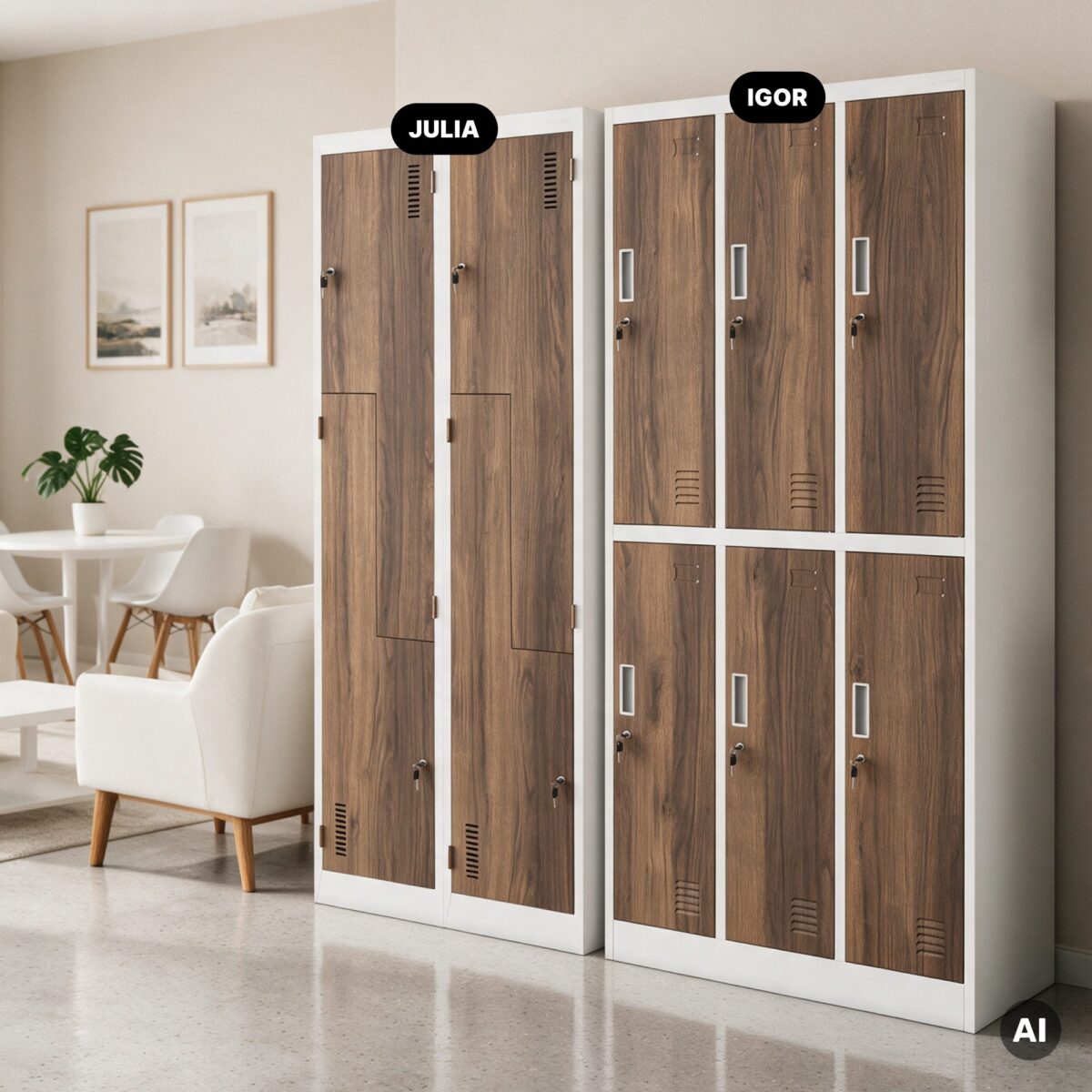 Szafa socjalna ubraniowa typu L, czterokomorowa, biała/orzech, 800x1850x450 mm: JULIA Eco Design | Meble DUO 2257 julia bialy orzech feature pl 03