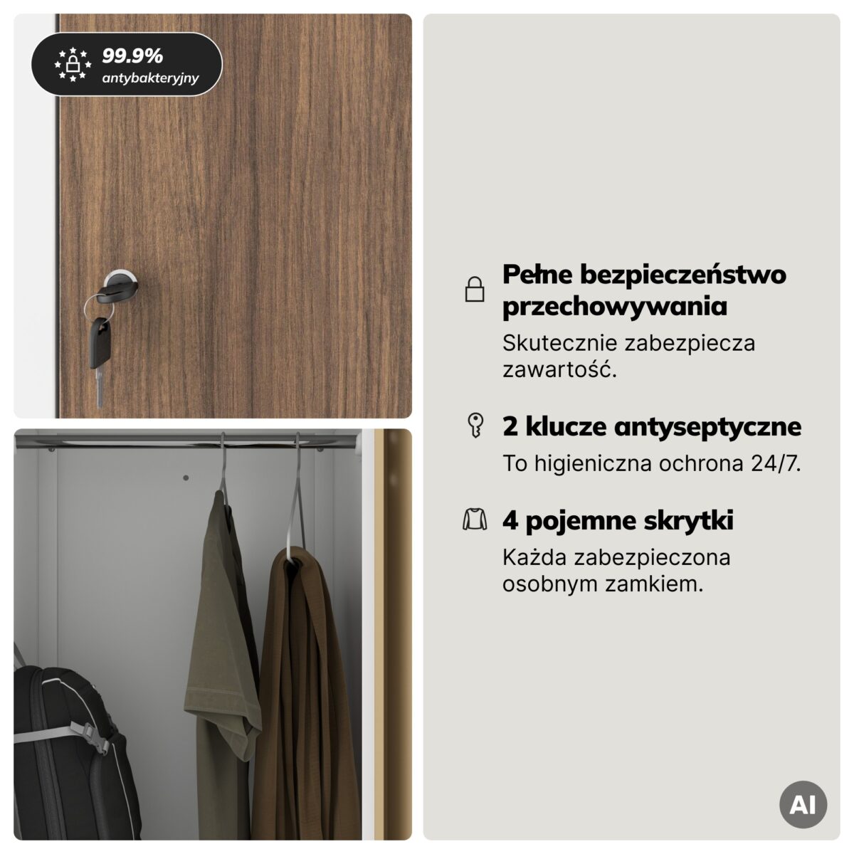 Szafa socjalna ubraniowa typu L, czterokomorowa, biała/orzech, 800x1850x450 mm: JULIA Eco Design | Meble DUO 2257 julia bialy orzech feature pl 04