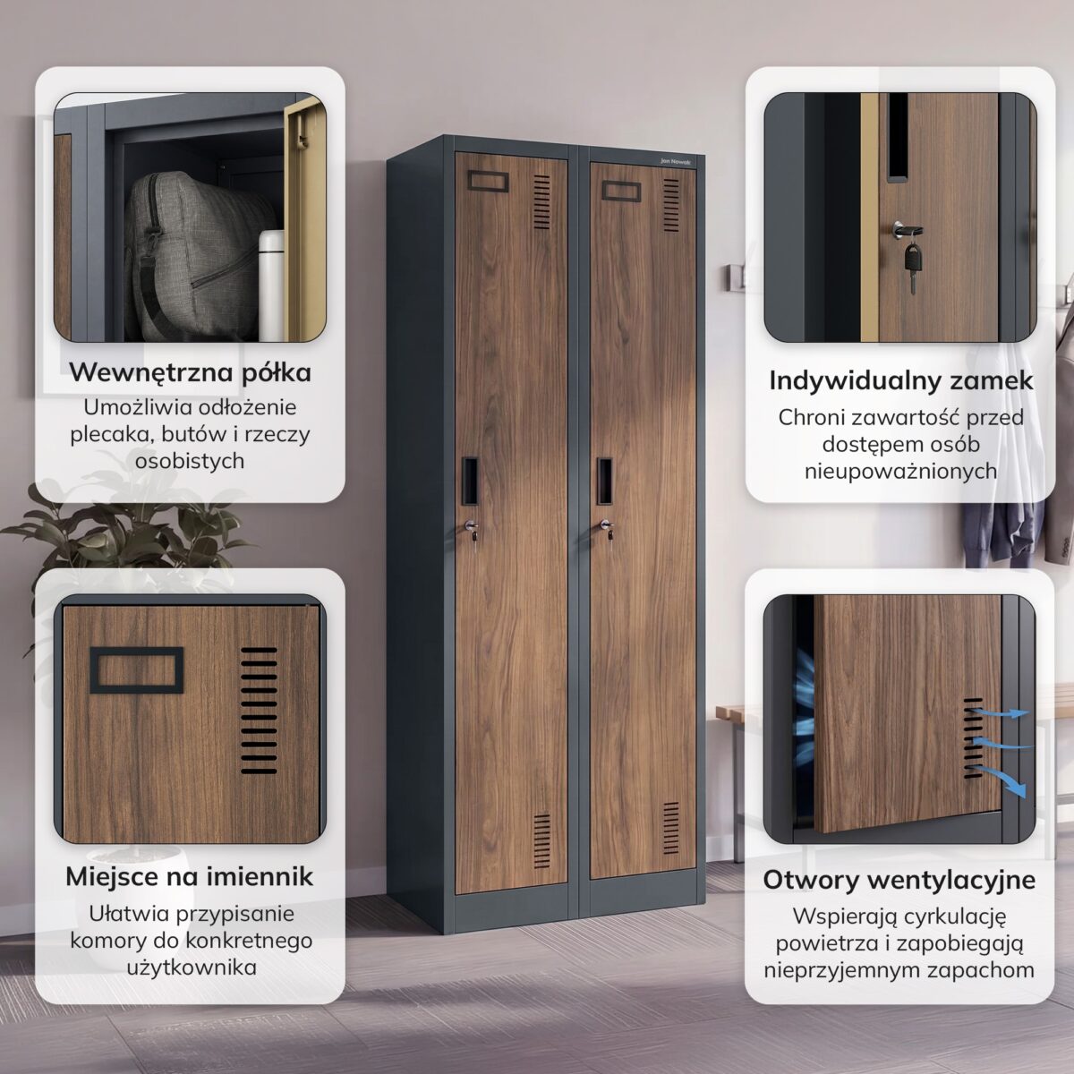 Szafka pracownicza dwukomorowa antracytowa/orzech, 600x1800x500 mm: KACPER II Eco Design | Meble DUO 2264 kacper ii antracytowy orzech feature pl 02