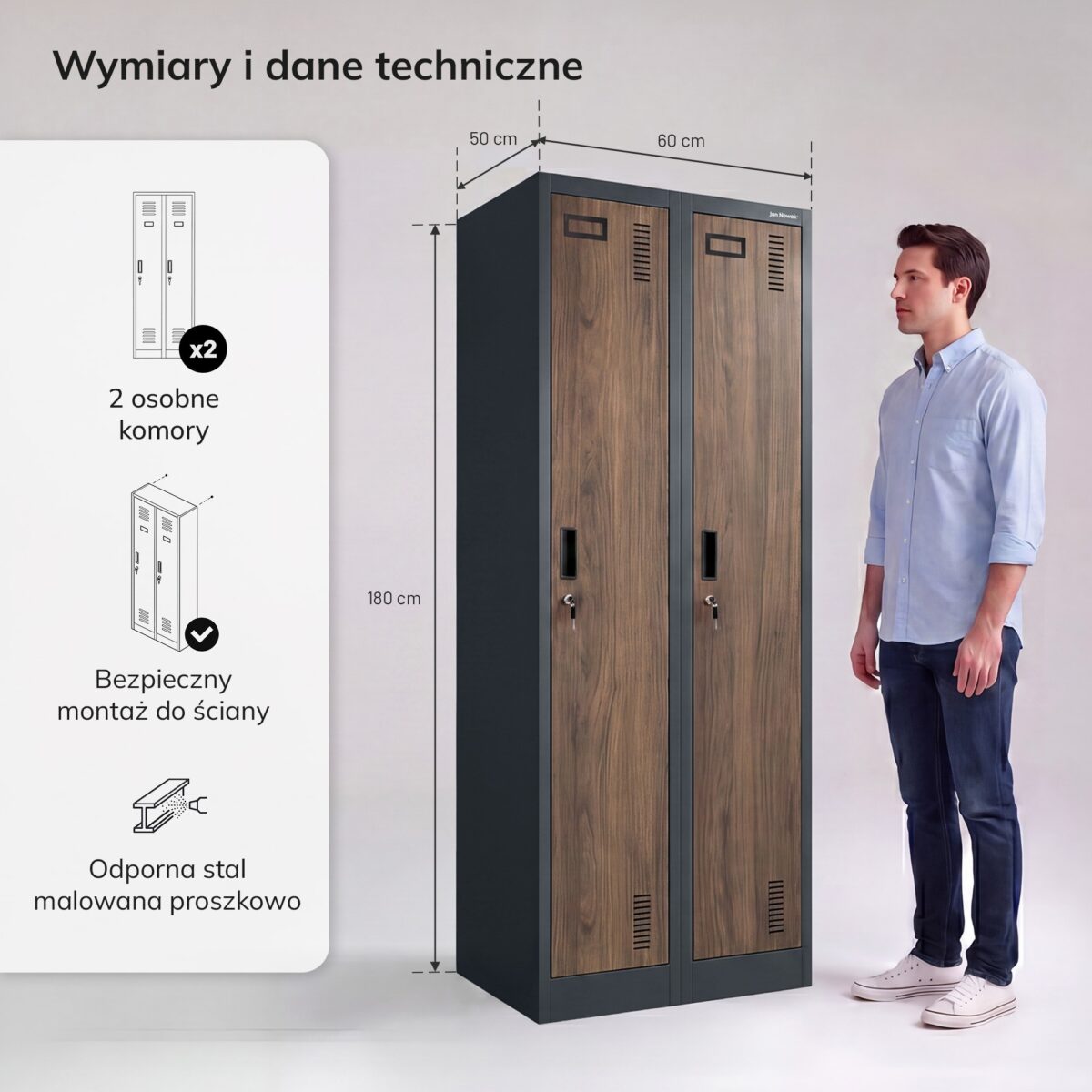 Szafka pracownicza dwukomorowa antracytowa/orzech, 600x1800x500 mm: KACPER II Eco Design | Meble DUO 2264 kacper ii antracytowy orzech feature pl 03
