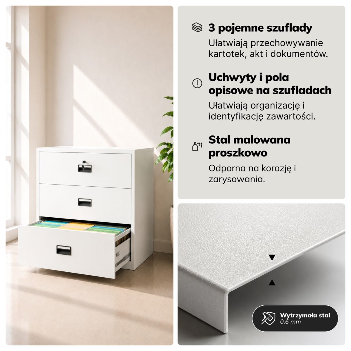 Szafa kartotekowa metalowa z 3 szufladami biała, 900x1020x600 mm: SARA XL V3 | Meble DUO 2295 sara xl v3 bia y feature pl 05