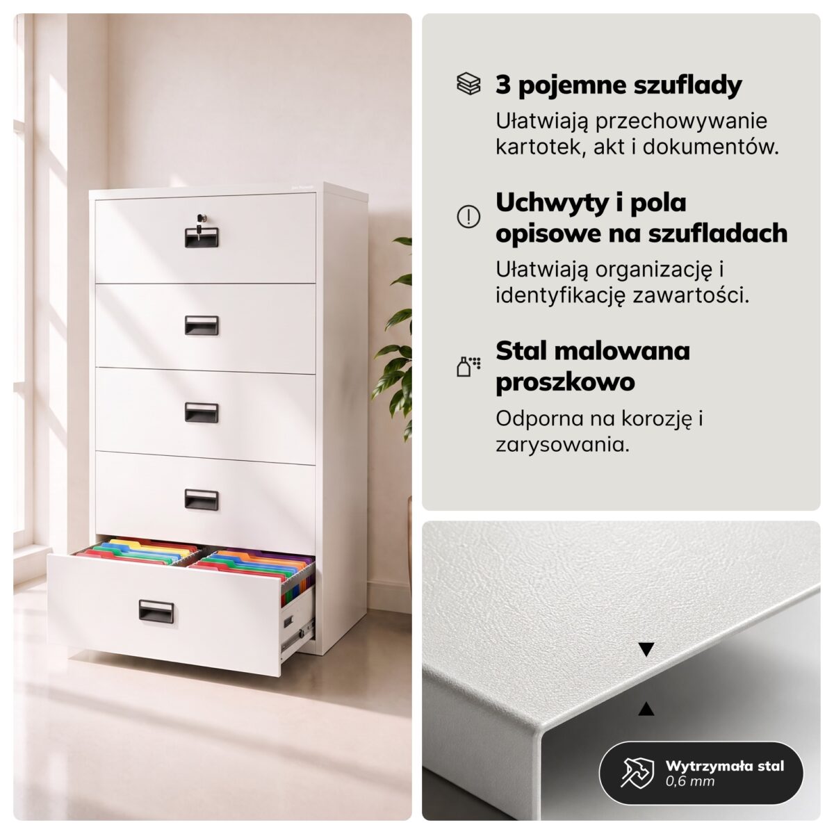 Szafa kartotekowa metalowa z 5 szufladami biała, 900x1620x600 mm: SARA XL V5 | Meble DUO 2297 sara xl v5 bialy feature pl 05