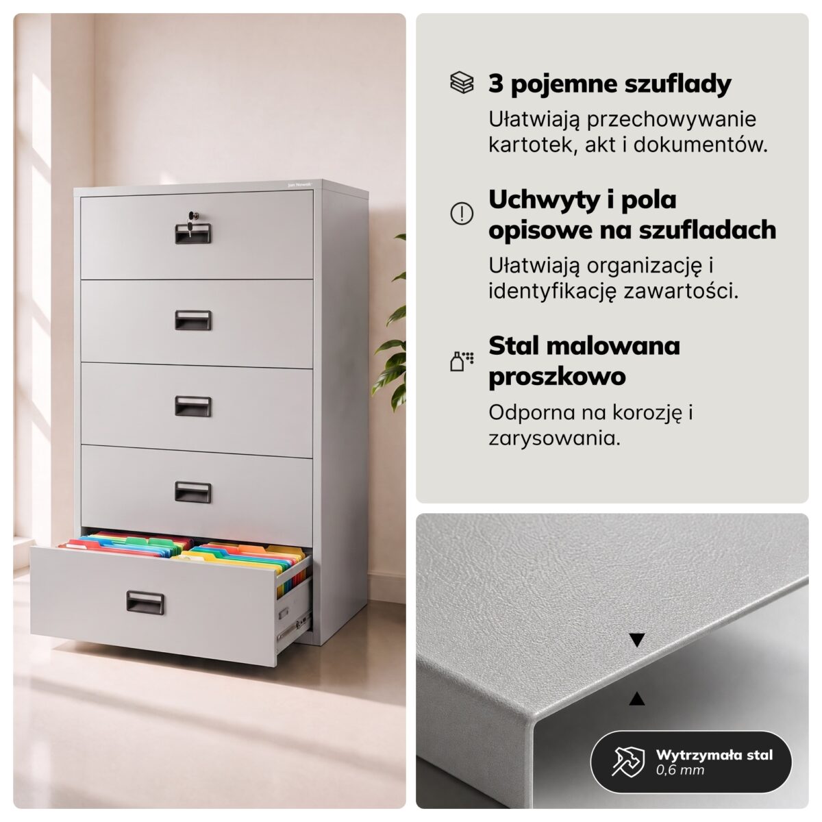 Szafa kartotekowa metalowa z 5 szufladami szara, 900x1620x600 mm: SARA XL V5 | Meble DUO 2300 sara xl v5 szary feature pl 05