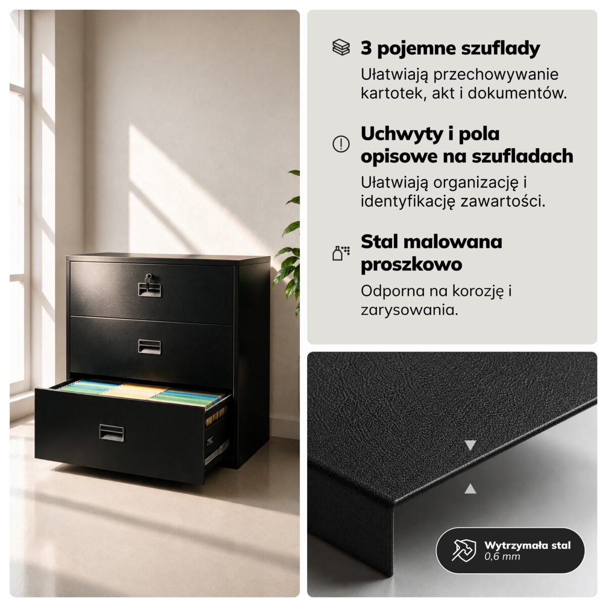 Szafa kartotekowa metalowa z 3 szufladami czarna, 900x1020x600 mm: SARA XL V3 | Meble DUO 2304 sara xl v3 czarny feature pl 05