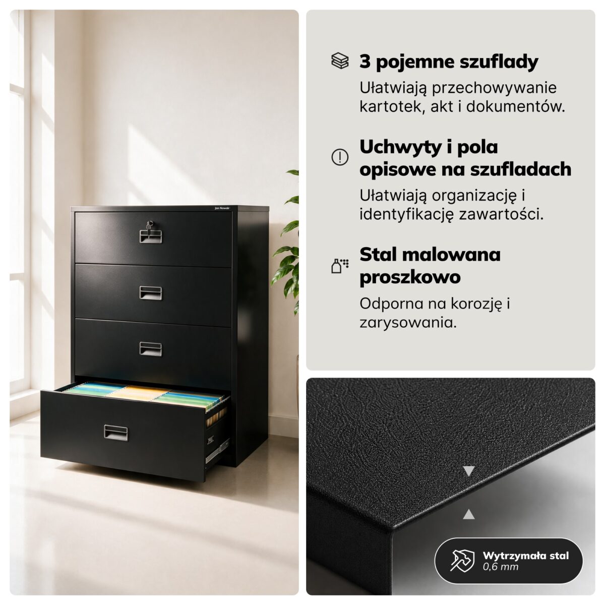 Szafa kartotekowa metalowa z 4 szufladami czarna, 900x1320x600 mm: SARA XL V4 | Meble DUO 2305 sara xl v4 czarny feature pl 05