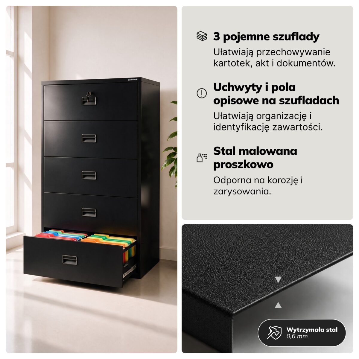 Szafa kartotekowa metalowa z 5 szufladami czarna, 900x1620x600 mm: SARA XL V5 | Meble DUO 2306 sara xl v5 czarny feature pl 05