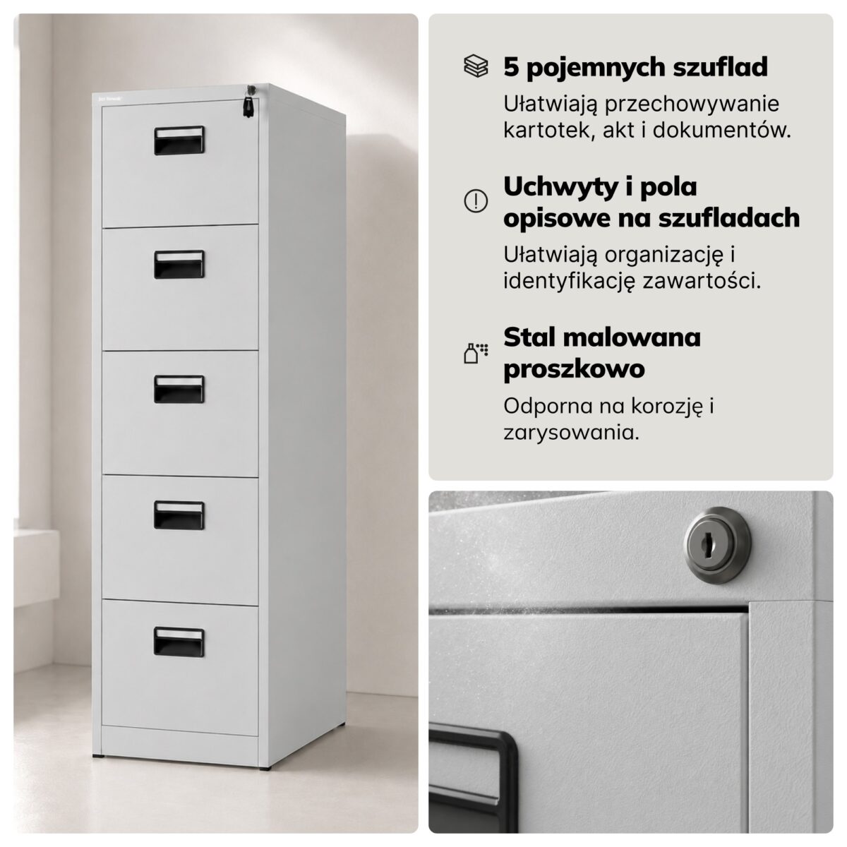 Szafa kartotekowa metalowa z 5 szufladami szara, 460×1625.5×600 mm: SARA V5 | Meble DUO 2308 sara v5 szary feature pl 05