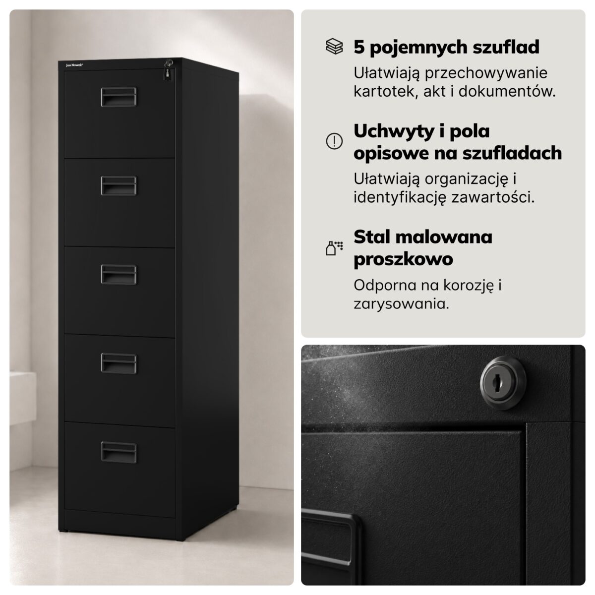 Szafa kartotekowa metalowa z 5 szufladami czarna, 460×1625.5×600 mm: SARA V5 | Meble DUO 2310 sara v5 czarny feature pl 05 1