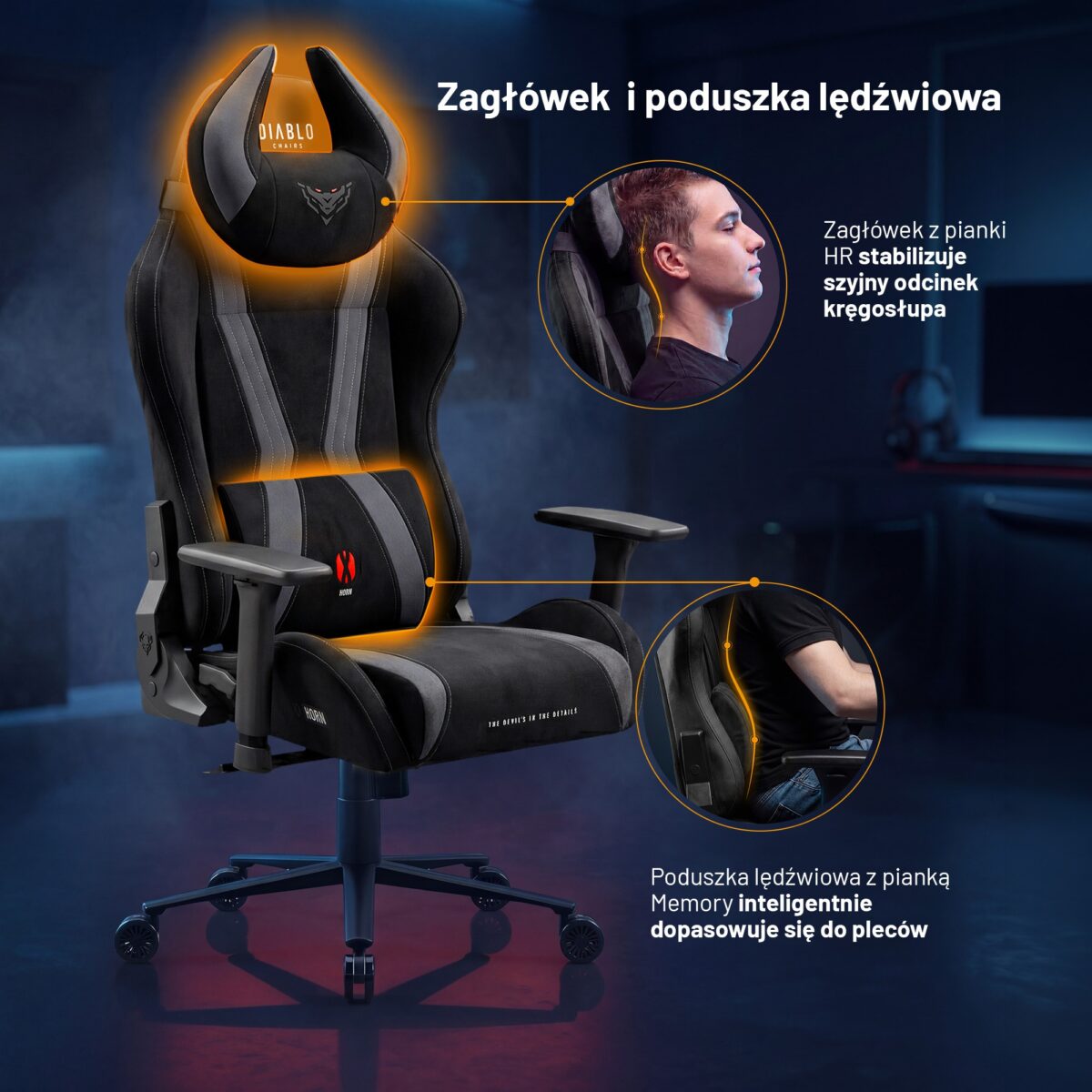 Fotel gamingowy materiałowy czarny Normal Size: Diablo X-Horn 2.0 Burned Black | Meble DUO 2361 x horn 2.0 normal burned black feature pl 05