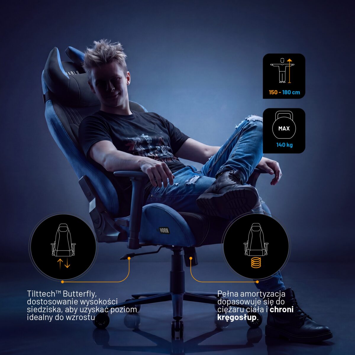 Fotel gamingowy materiałowy Normal Size, czarno-niebieski: Diablo X-Horn 2.0 Night Blue | Meble DUO 2362 x horn 2.0 normal night blue feature pl 04