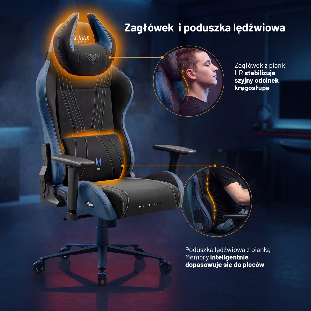 Fotel gamingowy materiałowy Normal Size, czarno-niebieski: Diablo X-Horn 2.0 Night Blue | Meble DUO 2362 x horn 2.0 normal night blue feature pl 05