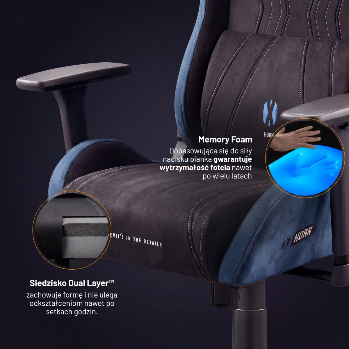 Fotel gamingowy materiałowy Normal Size, czarno-niebieski: Diablo X-Horn 2.0 Night Blue | Meble DUO 2362 x horn 2.0 normal night blue feature pl 08