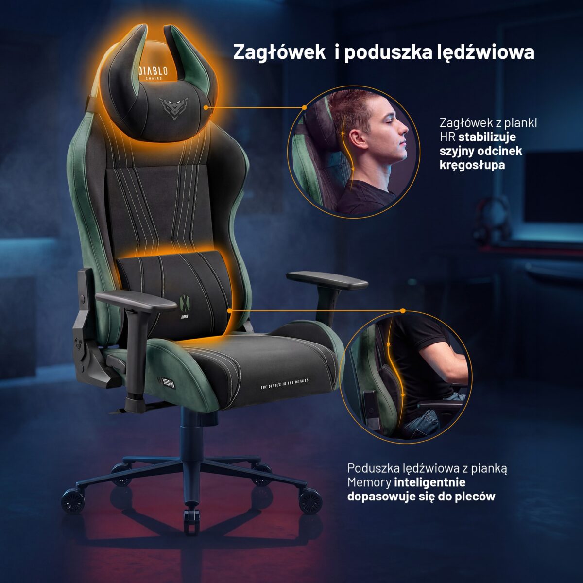 Fotel gamingowy materiałowy Normal Size, czarno-zielony: Diablo X-Horn 2.0 Forest Green | Meble DUO 2363 x horn 2.0 normal forest green feature pl 05