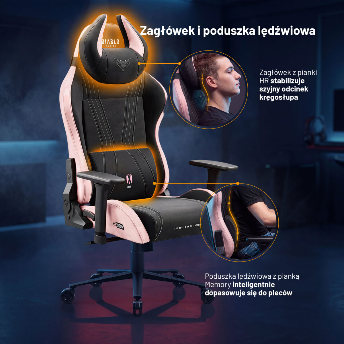 Fotel gamingowy materiałowy Normal Size, czarno-różowy: Diablo X-Horn 2.0 Akira Pink | Meble DUO 2365 x horn 2.0 normal akira pink feature pl 05