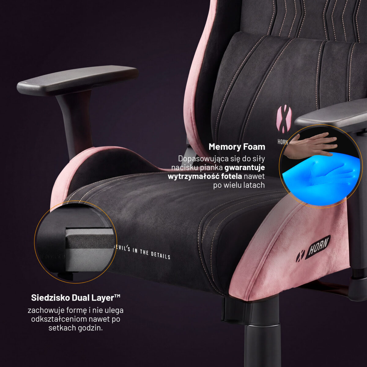 Fotel gamingowy materiałowy Normal Size, czarno-różowy: Diablo X-Horn 2.0 Akira Pink | Meble DUO 2365 x horn 2.0 normal akira pink feature pl 08