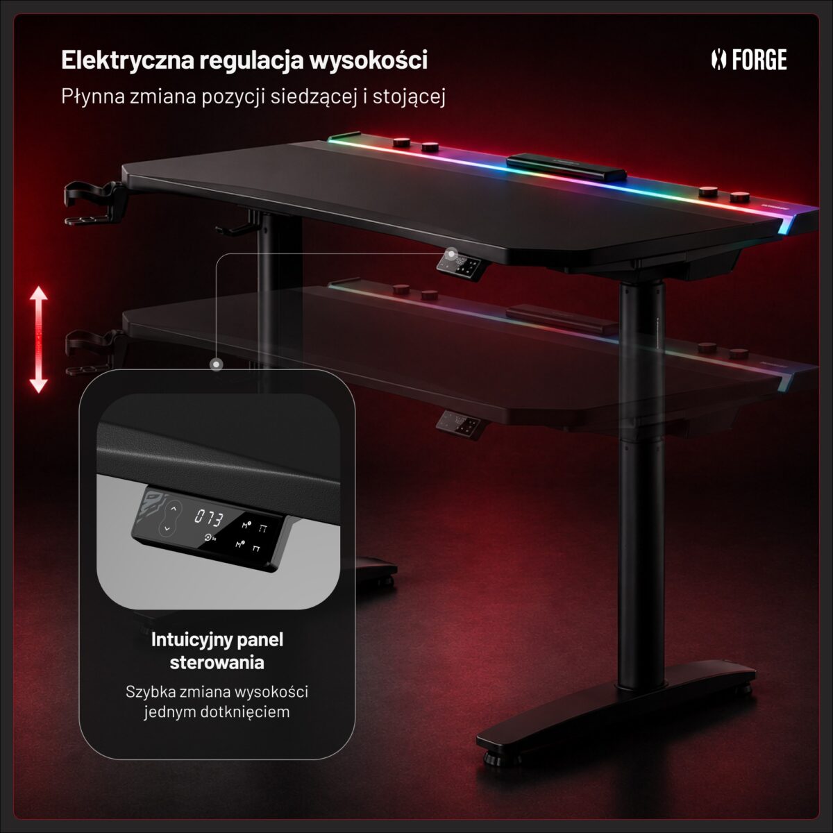 Biurko gamingowe elektryczne RGB, z uchwytami, czarne: Diablo X-Forge 1200 | Meble DUO 2370 x forge 1200 czarny 03 1