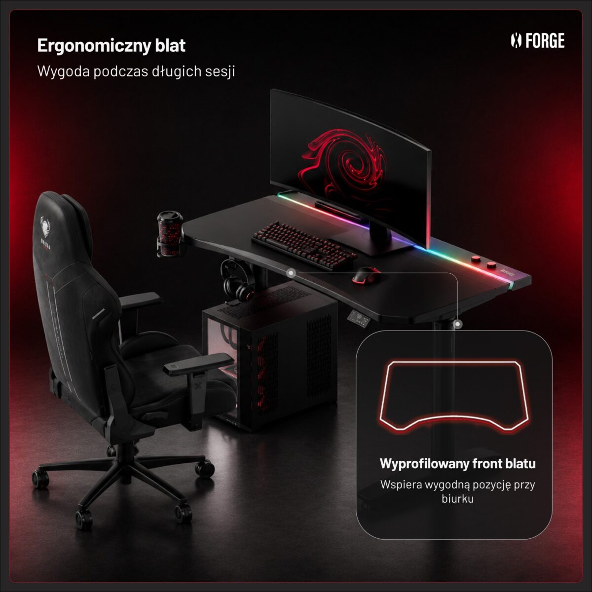 Biurko gamingowe elektryczne RGB, z uchwytami, czarne: Diablo X-Forge 1200 | Meble DUO 2370 x forge 1200 czarny 04 1