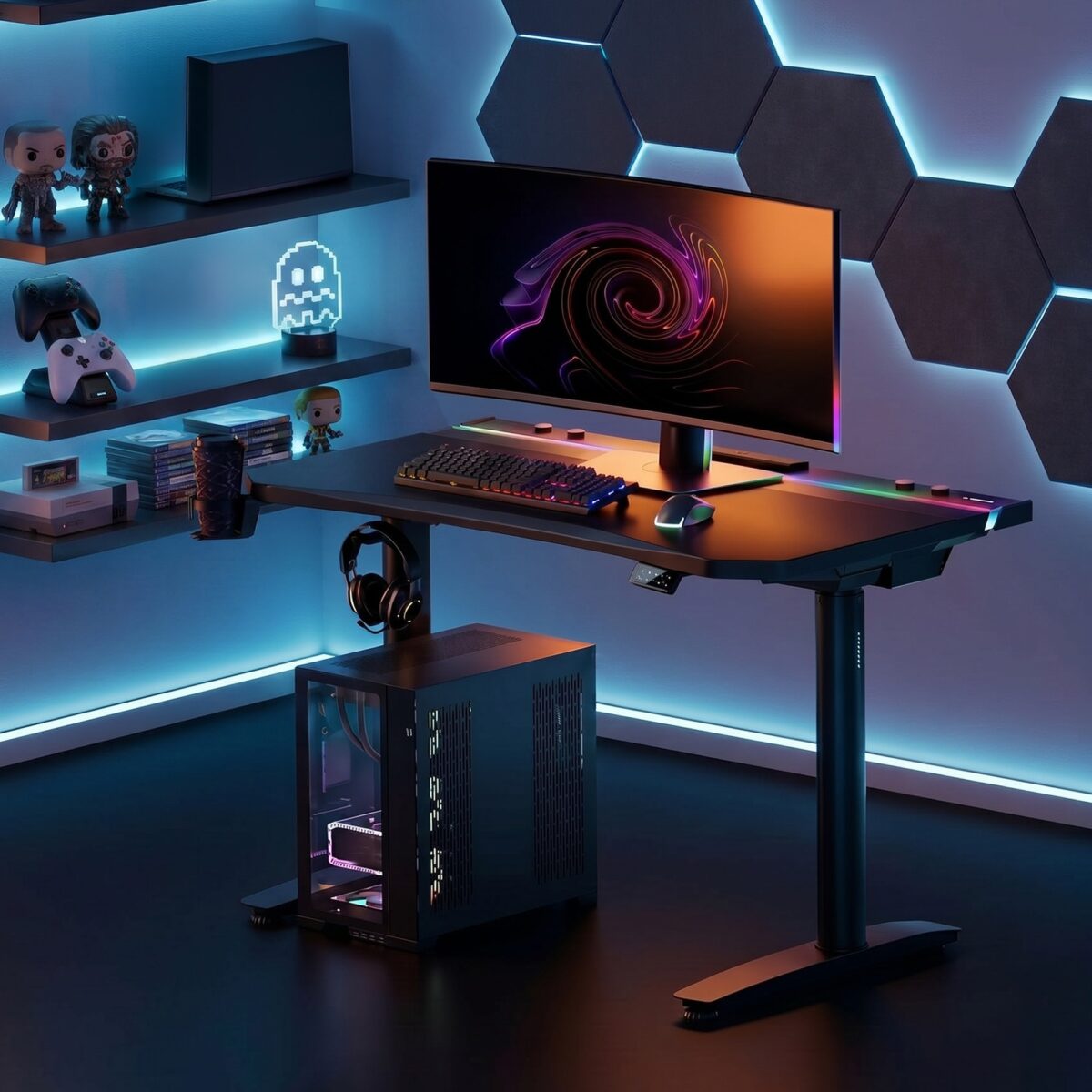 Biurko gamingowe elektryczne RGB, z uchwytami, czarne: Diablo X-Forge 1200 | Meble DUO 2370 x forge 1200 czarny wiz 01