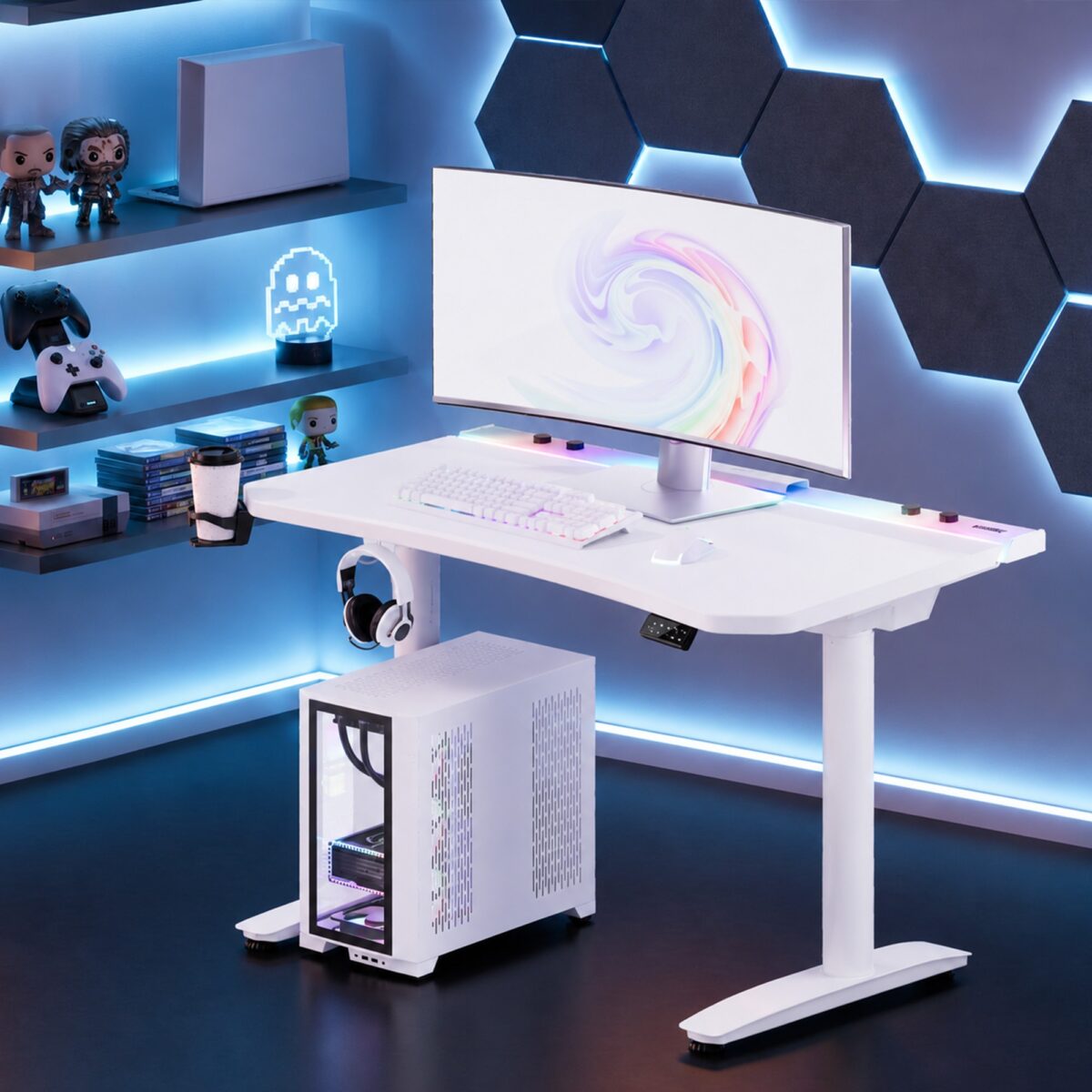 Biurko gamingowe elektryczne RGB, z uchwytami, białe: Diablo X-Forge 1200 | Meble DUO 2371 x forge 1200 bialy wiz 01