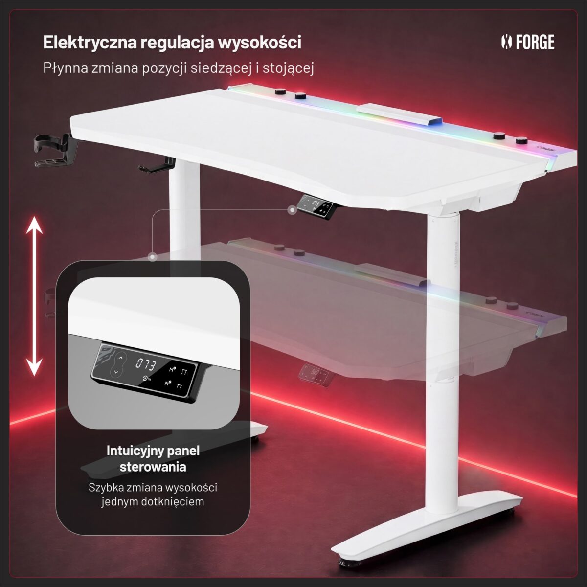 Biurko gamingowe elektryczne RGB, z uchwytami, białe: Diablo X-Forge 1200 | Meble DUO 2371 x forge 1200 czarny pl 03