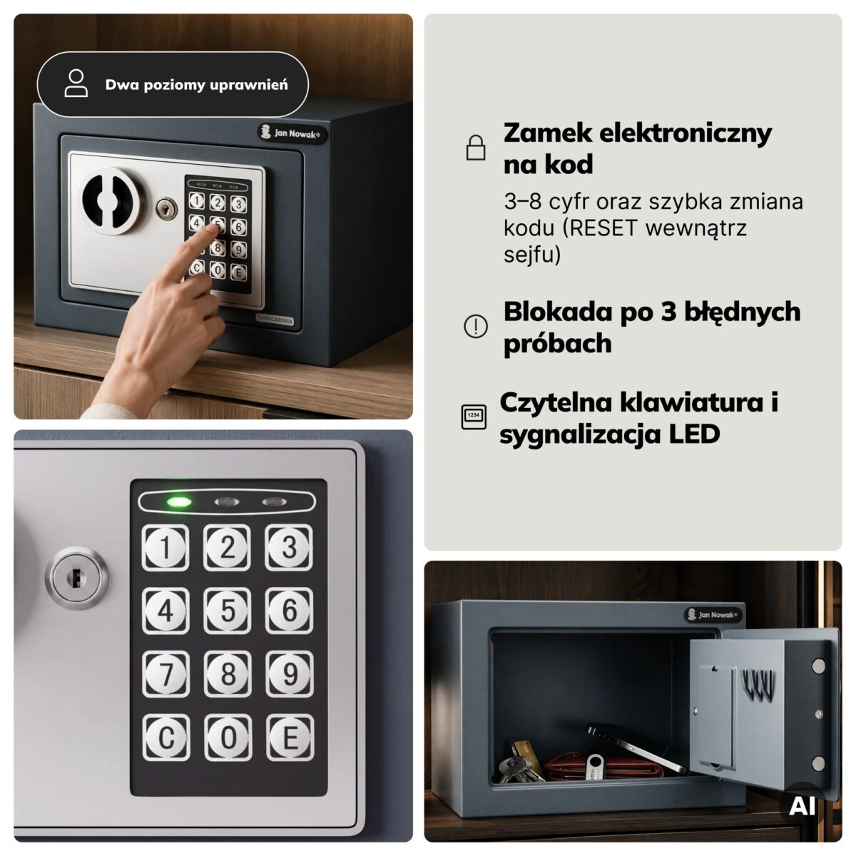 Mini sejf domowy elektroniczny na kod, na pieniądze i biżuterię, 230x170x170 mm: HECTOR | Meble DUO 2438 hector antracytowy feature pl 04