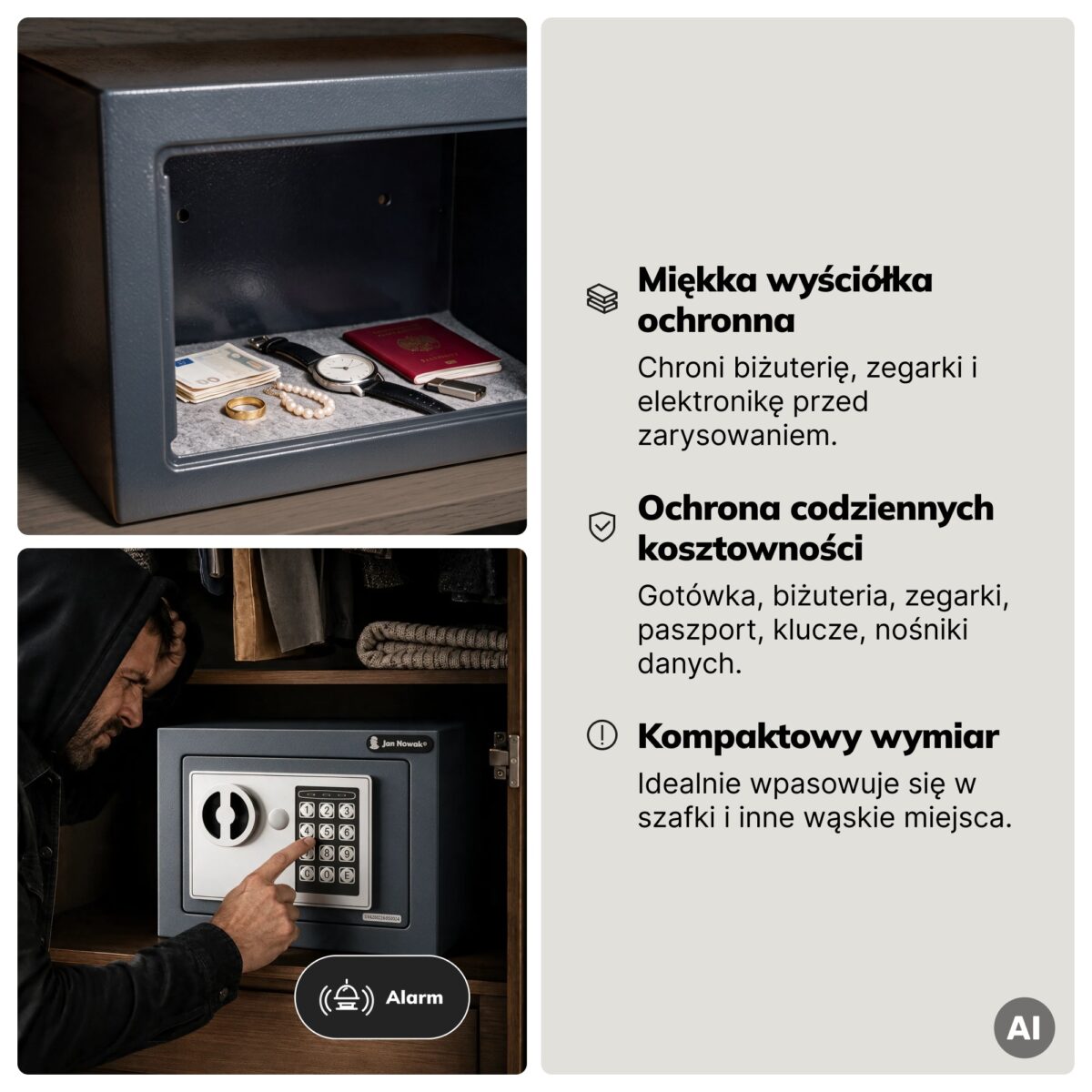 Mini sejf domowy elektroniczny na kod, na pieniądze i biżuterię, 230x170x170 mm: HECTOR | Meble DUO 2438 hector antracytowy feature pl 05