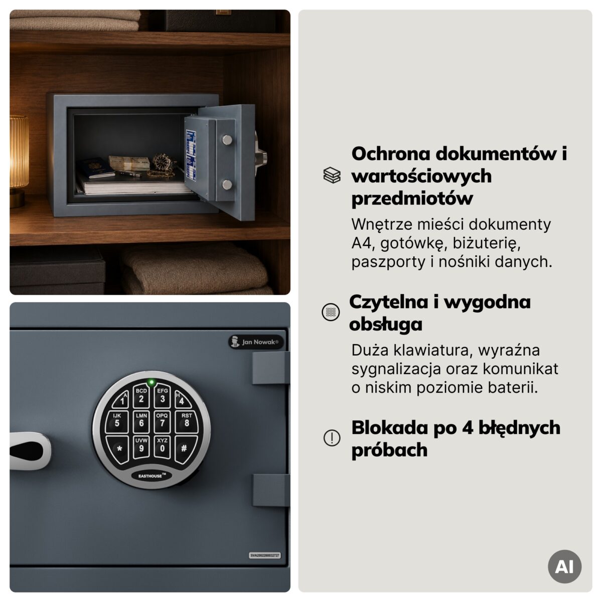 Sejf S2 antywłamaniowy, ognioodporny, elektroniczny na kod, na dokumenty, 400x280x340 mm: EDGAR | Meble DUO 2442 edgar antracytowy feature pl 05