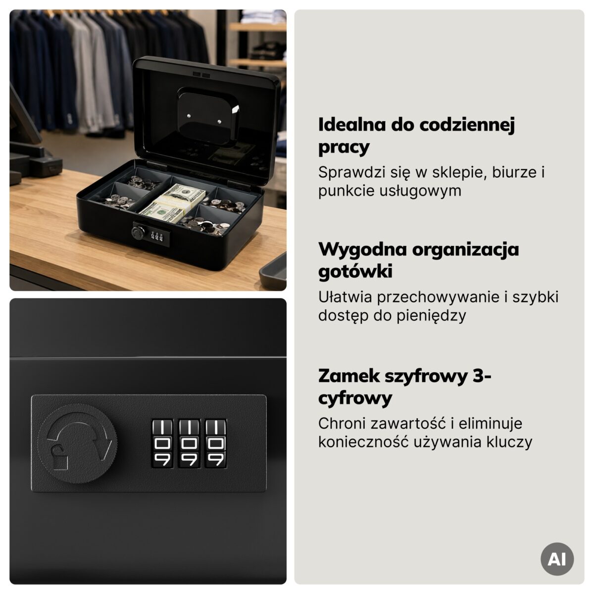 Kasetka na pieniądze metalowa, zamek szyfrowy, z tacką na bilon i banknoty, 250x90x180 mm: GREGORY | Meble DUO 2443 gregory czarny feature pl 05